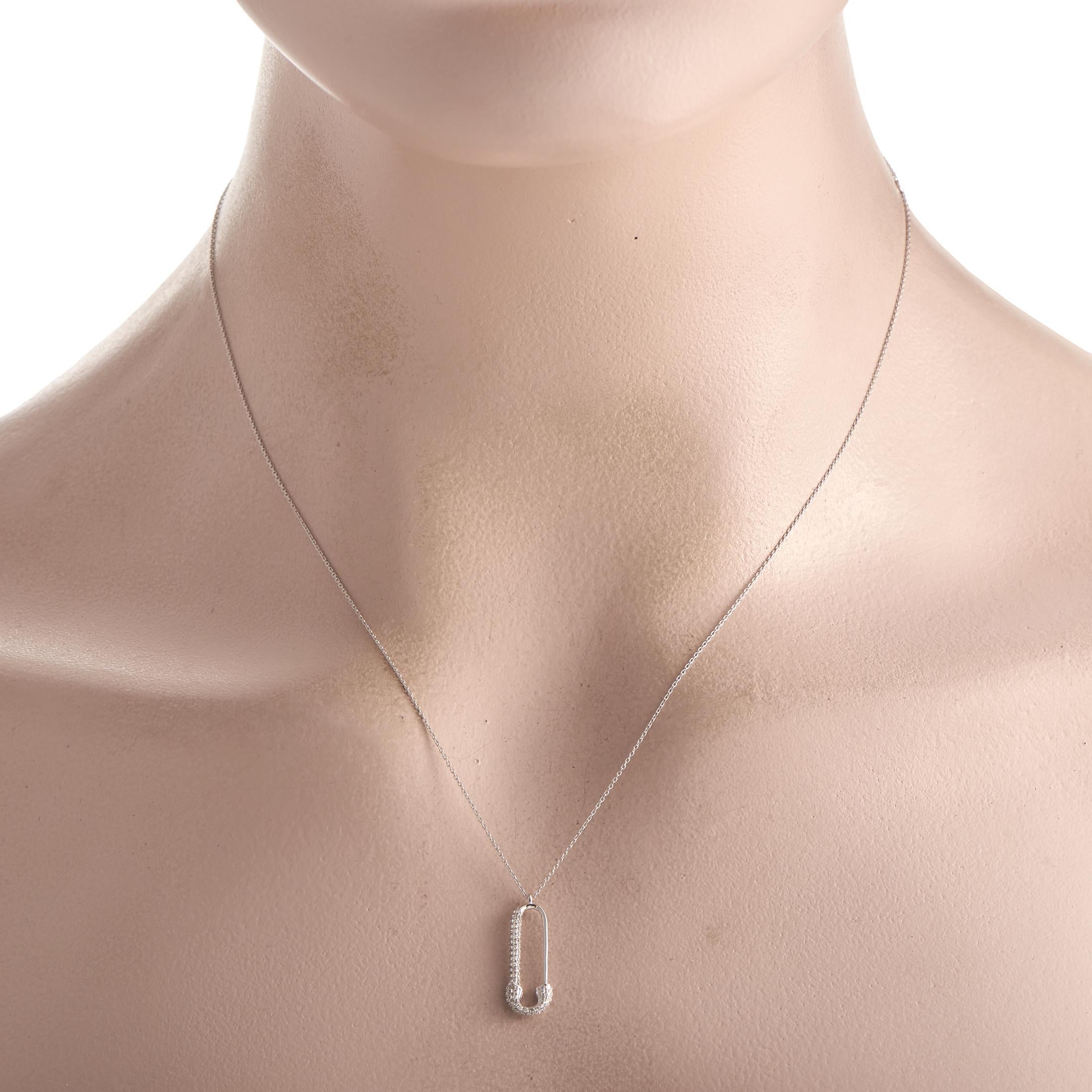 This luxurious necklace is simply unforgettable. Suspended from a delicate 18 chain, youll find a charming safety pin pendant measuring 0.75 long by 0.13 wide  its also elevated by inset diamond accents with a total weight of 0.17 carats.This