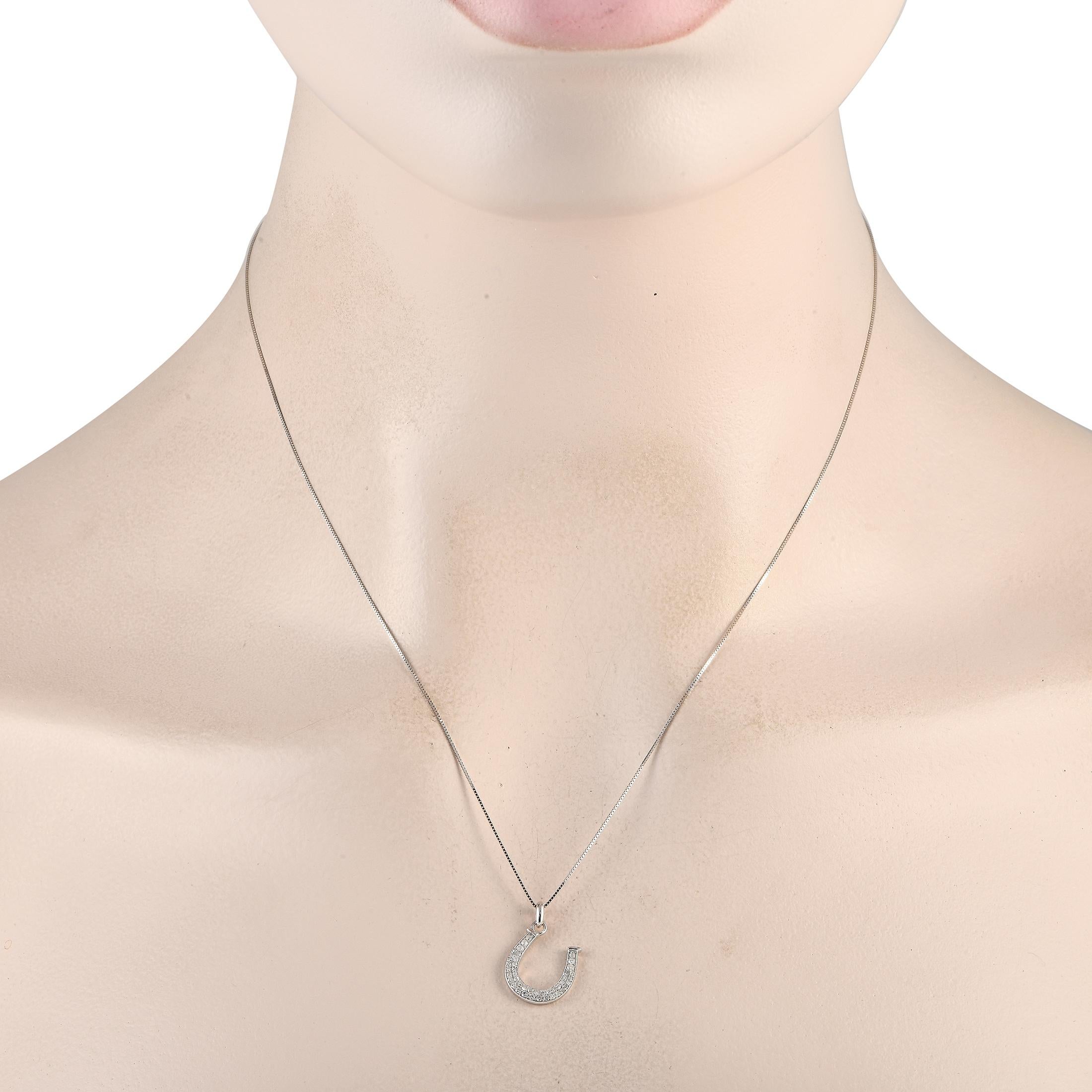 Add a dash of good luck to any ensemble with this timeless necklace. A horseshoe shaped pendant measuring 0.75 long by 0.50 wide comes to life thanks to Diamond accents totaling 0.18 carats. Crafted from 14K White Gold, it comes complete with a