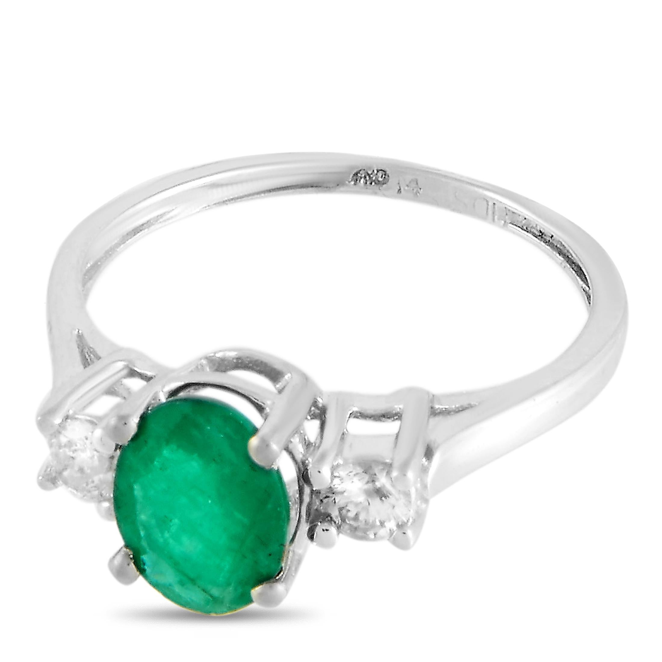 Women's LB Exclusive 14 Karat White Gold 0.20 Carat Diamond and Emerald Ring