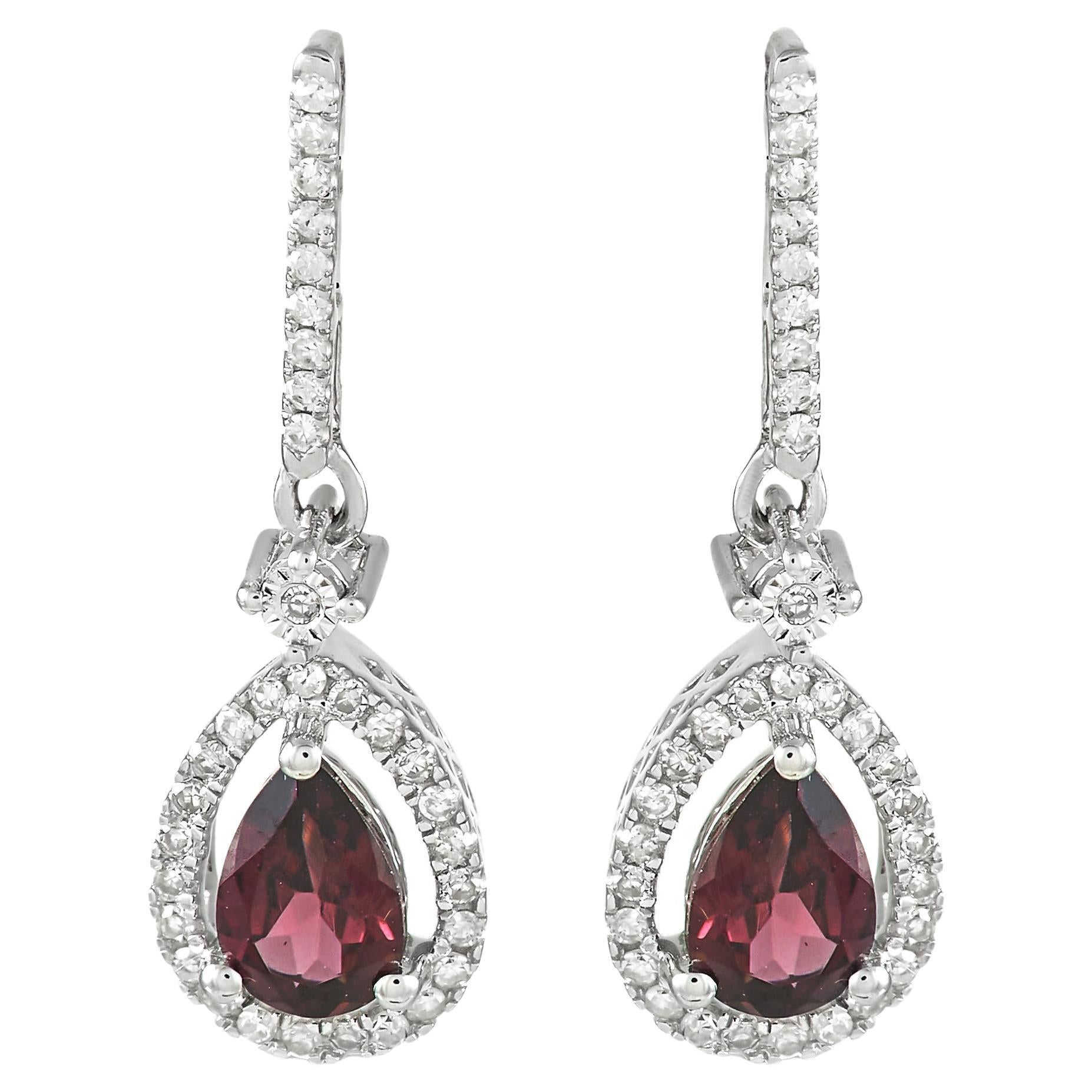 LB Exclusive 14K White Gold 0.20 Ct Diamond and Garnet Dangle Earrings For Sale