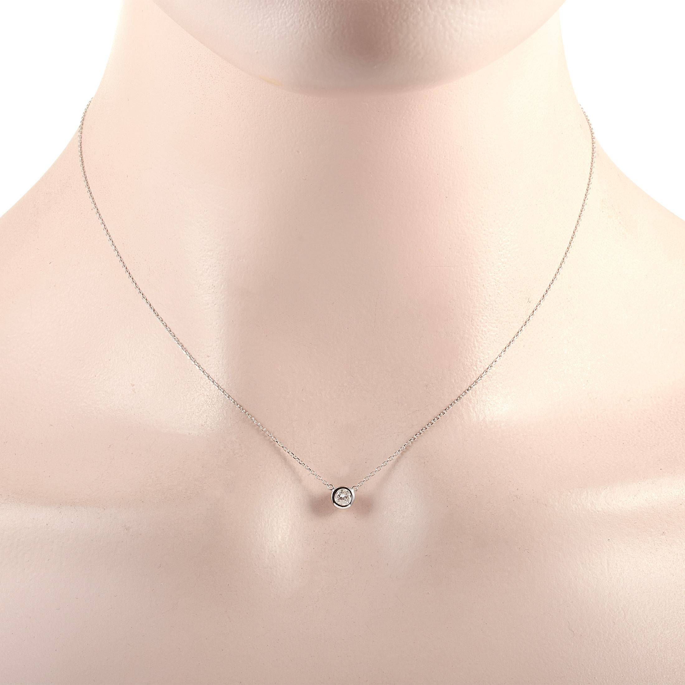 This LB Exclusive necklace is crafted from 14K white gold and weighs 1.4 grams. It is presented with a 15” chain and boasts a pendant that measures 0.13” in length and 0.13” in width. The necklace is set with a 0.20 ct diamond stone.

Offered in