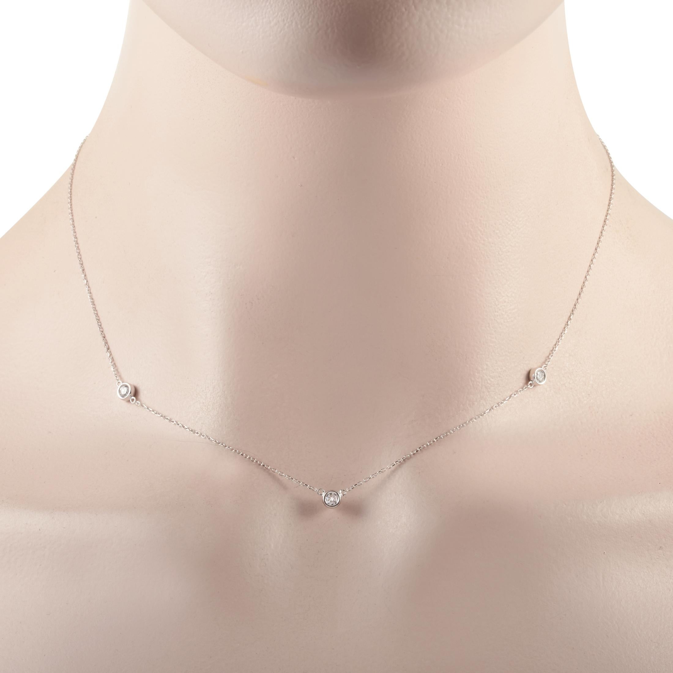 This LB Exclusive necklace is made of 14K white gold and embellished with diamonds that amount to 0.25 carats. The necklace weighs 1.6 grams and measures 16” in length.
 
 Offered in brand new condition, this jewelry piece includes a gift box.