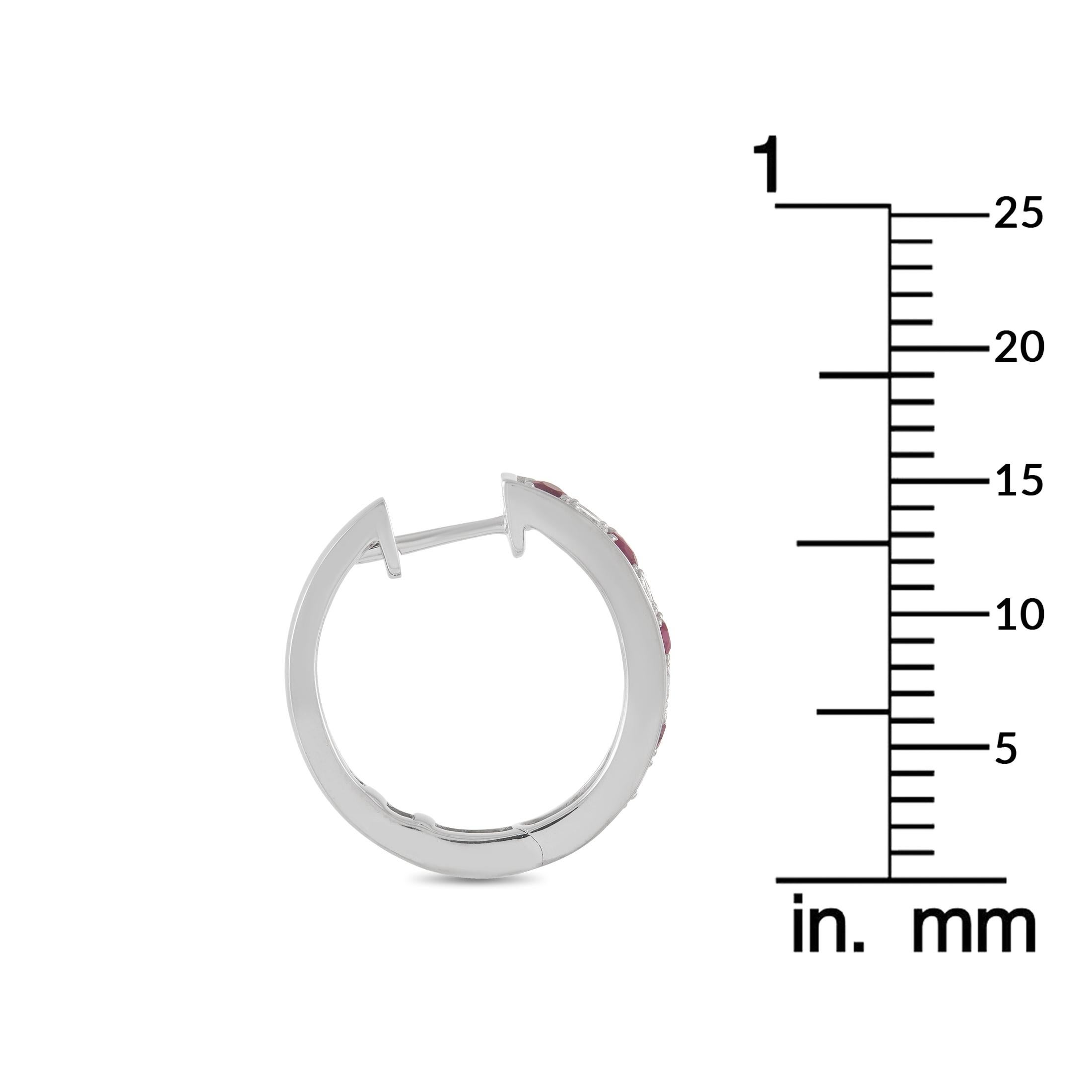 Round Cut LB Exclusive 14K White Gold 0.25 Ct Diamond and 0.42 Ct Ruby Hoop Earrings For Sale