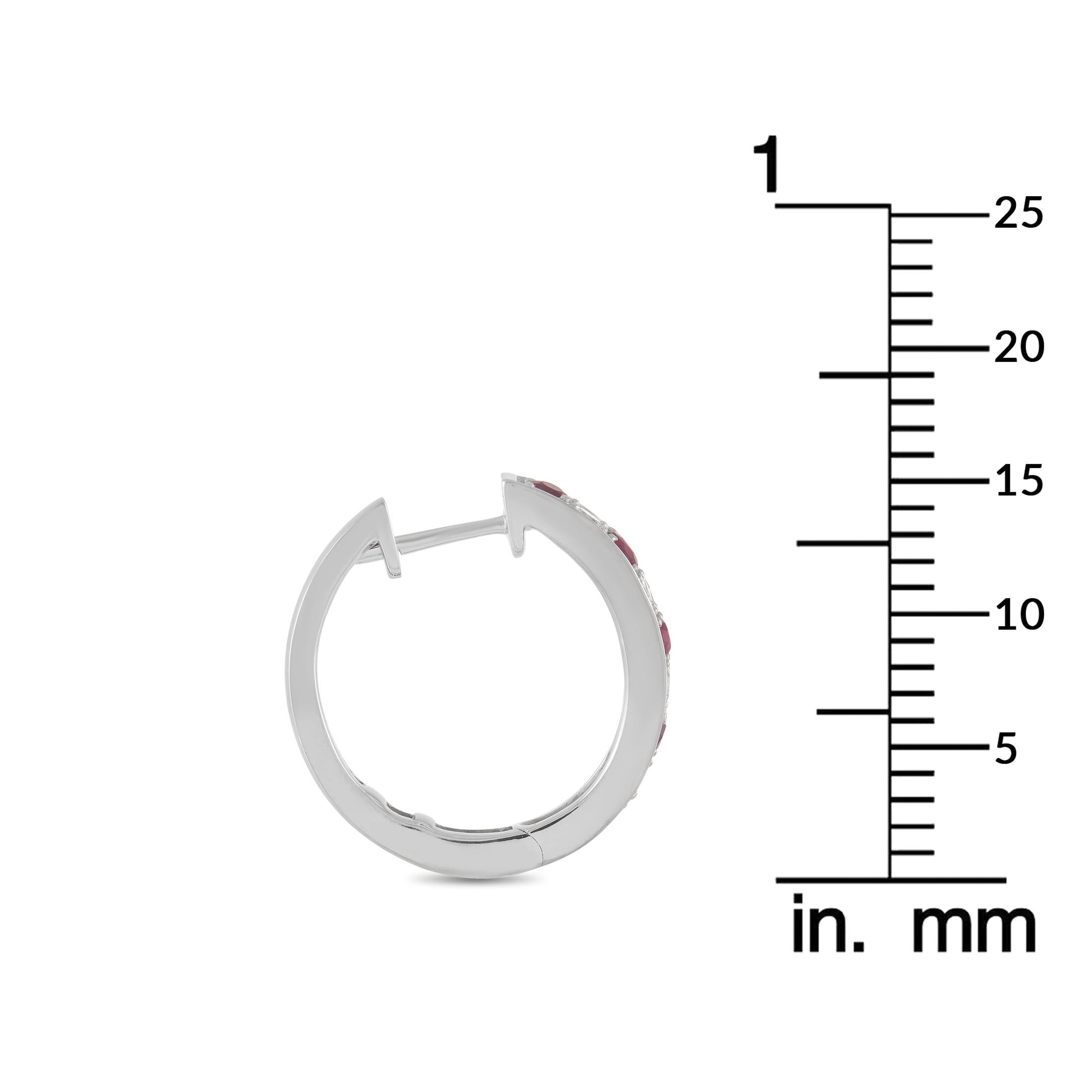 Round Cut LB Exclusive 14K White Gold 0.25 Ct Diamond and 0.42 Ct Ruby Hoop Earrings
