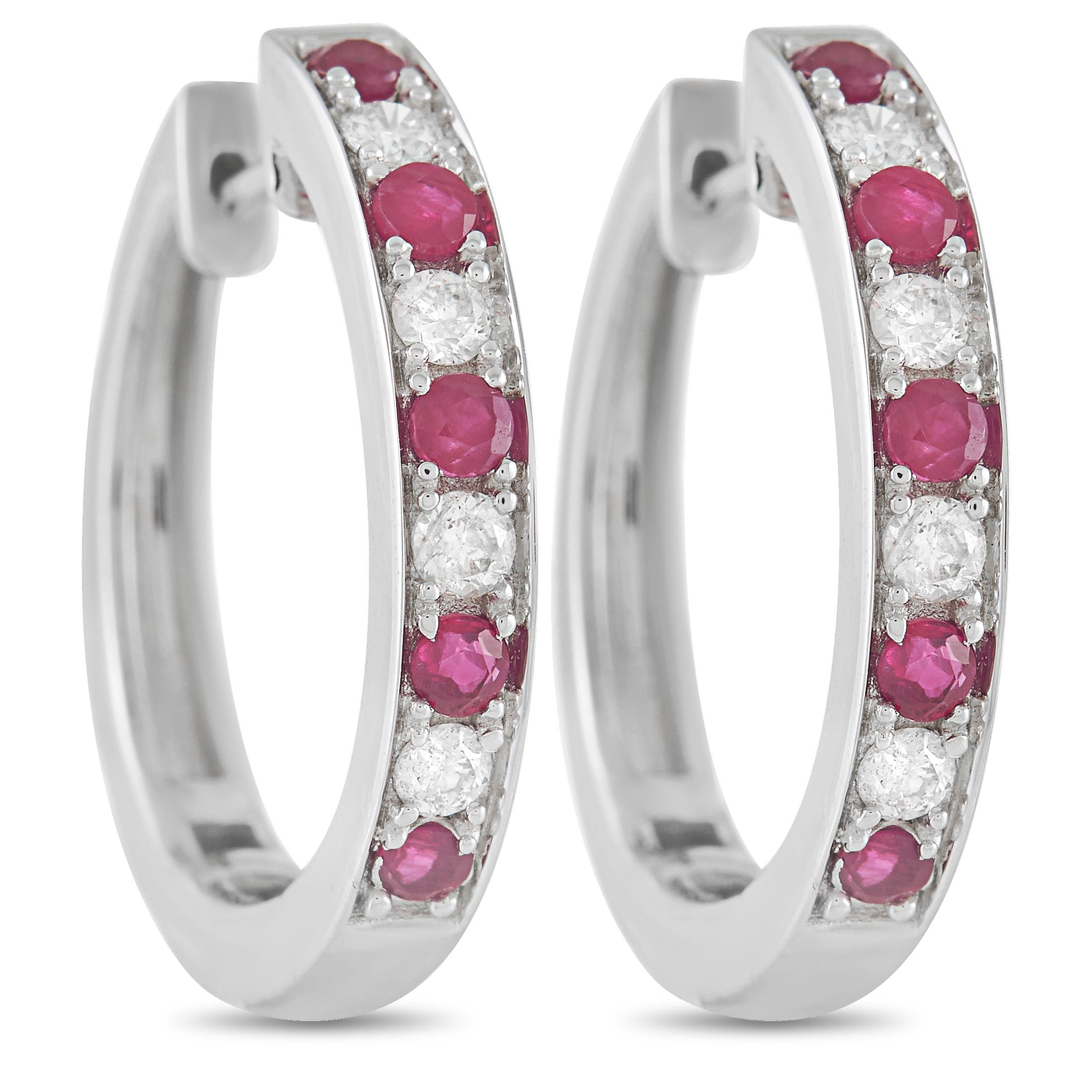 LB Exclusive 14K White Gold 0.25 Ct Diamond and 0.42 Ct Ruby Hoop Earrings In New Condition For Sale In Southampton, PA