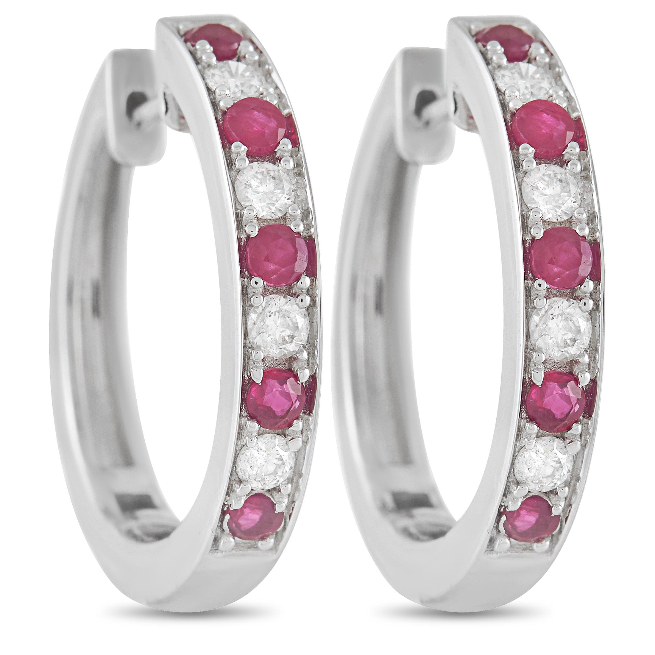 LB Exclusive 14K White Gold 0.25 Ct Diamond and 0.42 Ct Ruby Hoop Earrings In New Condition In Southampton, PA