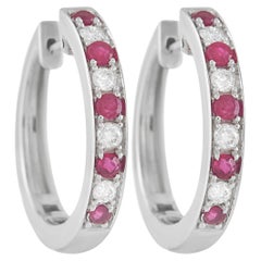 LB Exclusive 14K White Gold 0.25 Ct Diamond and 0.42 Ct Ruby Hoop Earrings