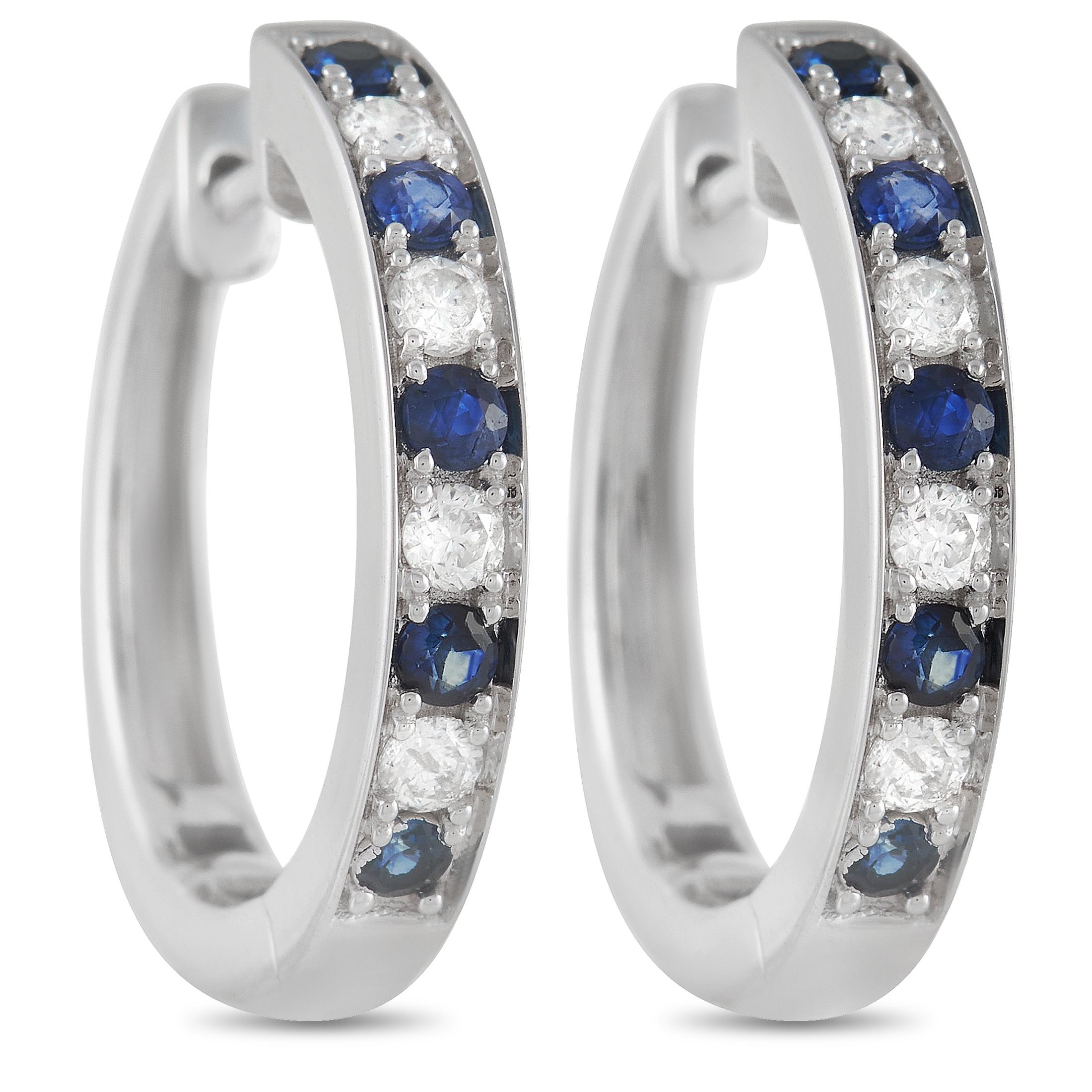 Round Cut LB Exclusive 14K White Gold 0.25 Ct Diamond and 0.42 Ct Sapphire Hoop Earrings