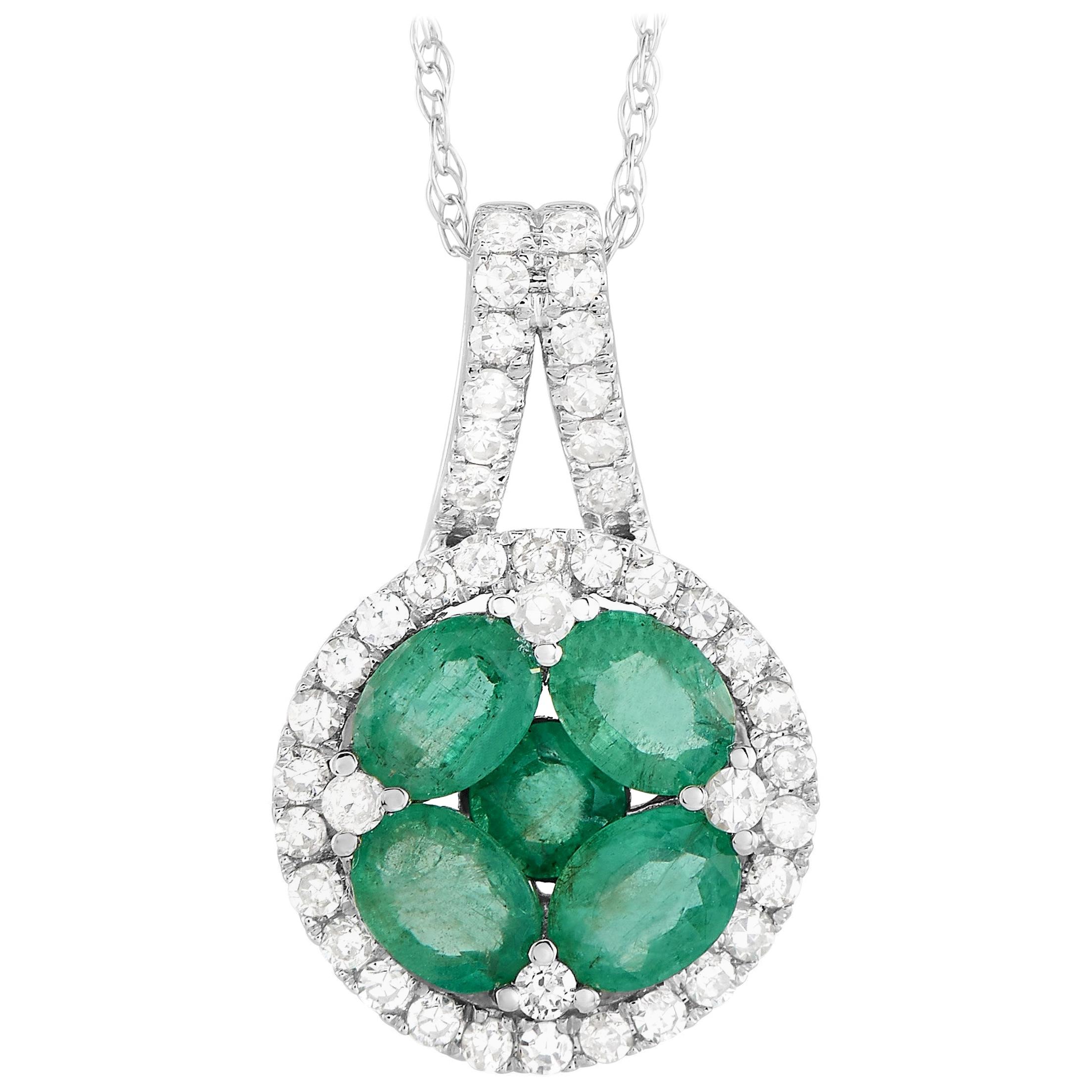 LB Exclusive 14K White Gold 0.25 ct Diamond and 1.00 ct Emerald Round Pendant Ne