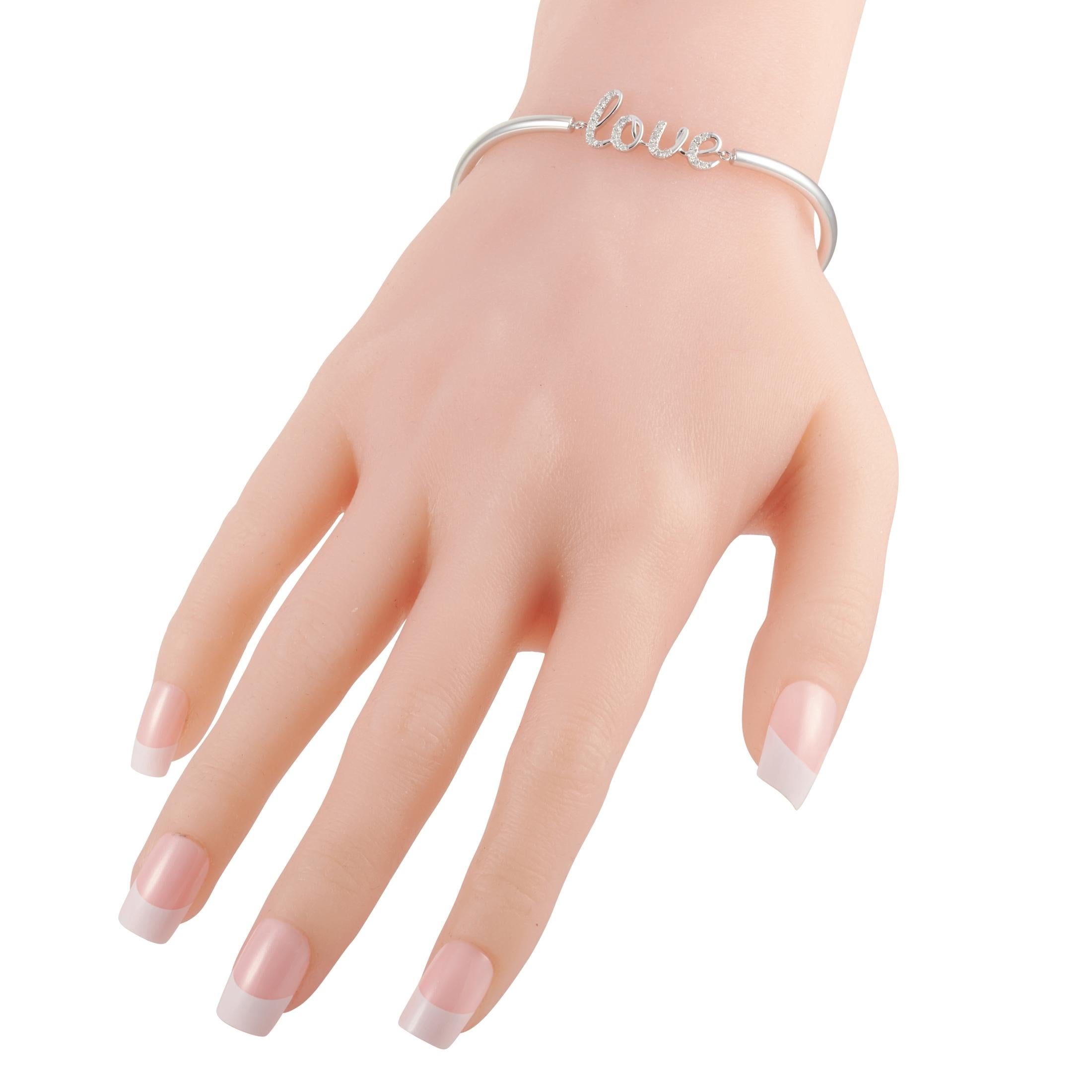 This LB Exclusive love bracelet is crafted from 14K white gold and weighs 6.7 grams, measuring 7.85” in length. The bracelet is set with diamonds that total 0.25 carats.
 
 Offered in brand new condition, this item includes a gift box.