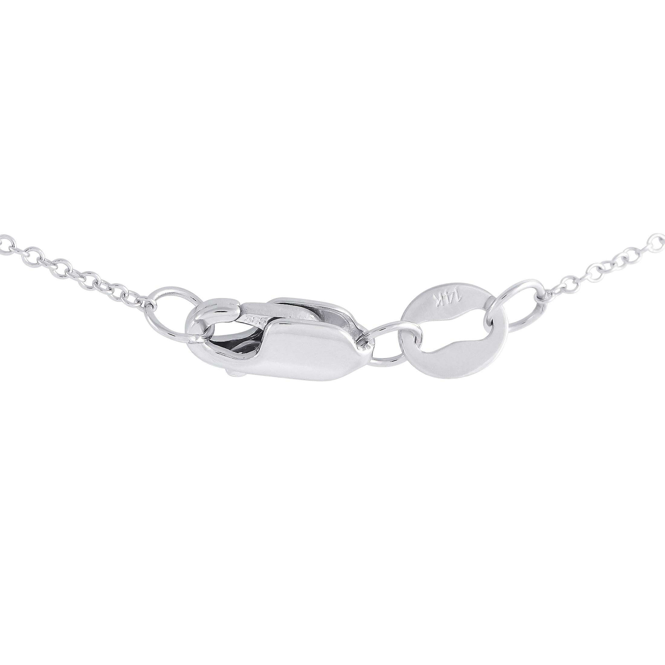 An array of scintillating diamonds with a total weight of 0.25 carats ensure this understated 14K White Gold necklace always makes a statement. Suspended from a 16\u201d chain, this piece features a stunning circular pendant measuring 0.45\u201d