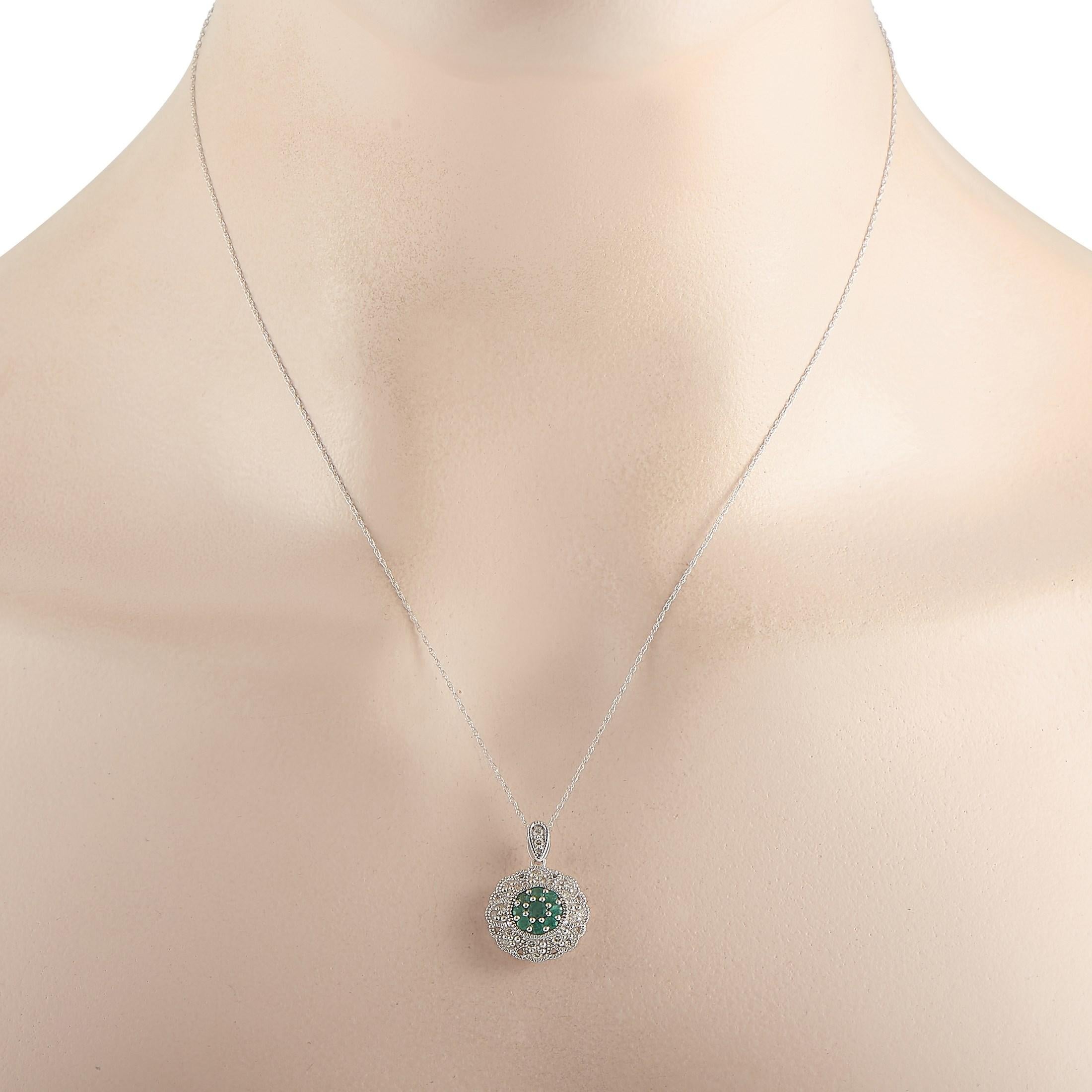 This lovely LB Exclusive 14K White Gold 0.27 ct Diamond and Emerald Necklace includes a delicate 14K White Gold chain that measures 18 inches in length and features a spring ring closure. The necklace includes a matching 14K white gold round pendant