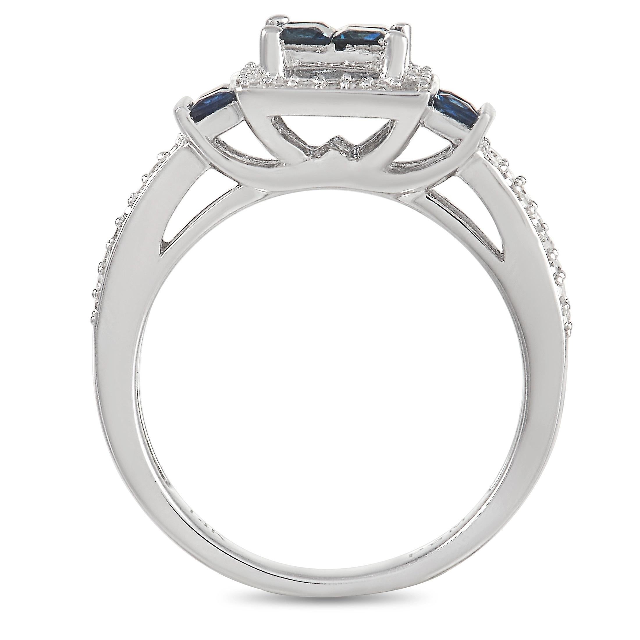 Bold blue sapphires with a total weight of 1.20 carats add a pop of color to this bold ring. Glittering inset diamonds totaling 0.29 carats put the perfect finishing touch on this piece, which includes a 14K White Gold setting with a 3mm wide band