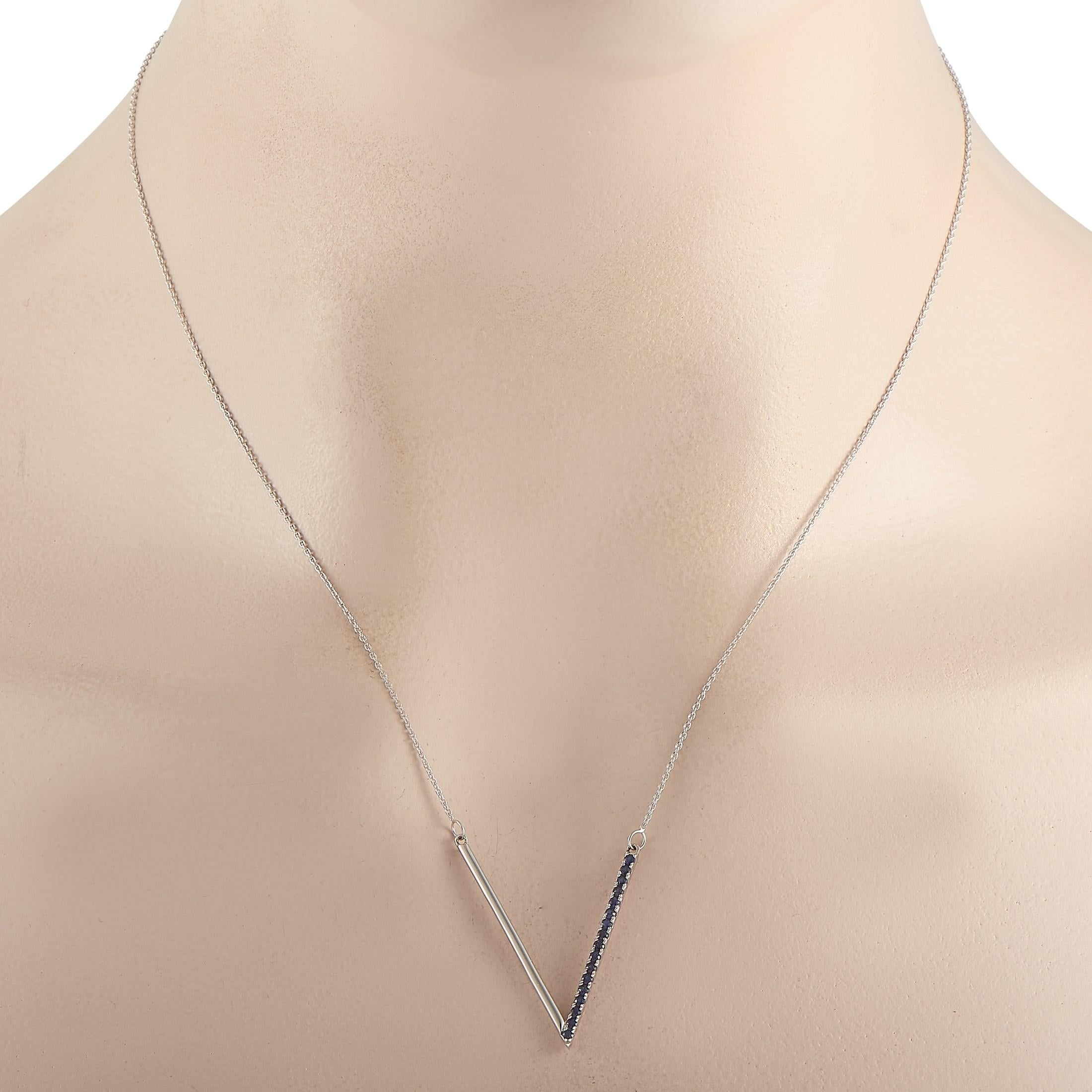 This unique LB Exclusive 14K White Gold 0.29 ct Sapphire V Pendant Necklace is a subtle statement piece that includes a delicate 14K White Gold chain that is 17 inches in length and features a lobster clasp. The necklace includes a matching 14K