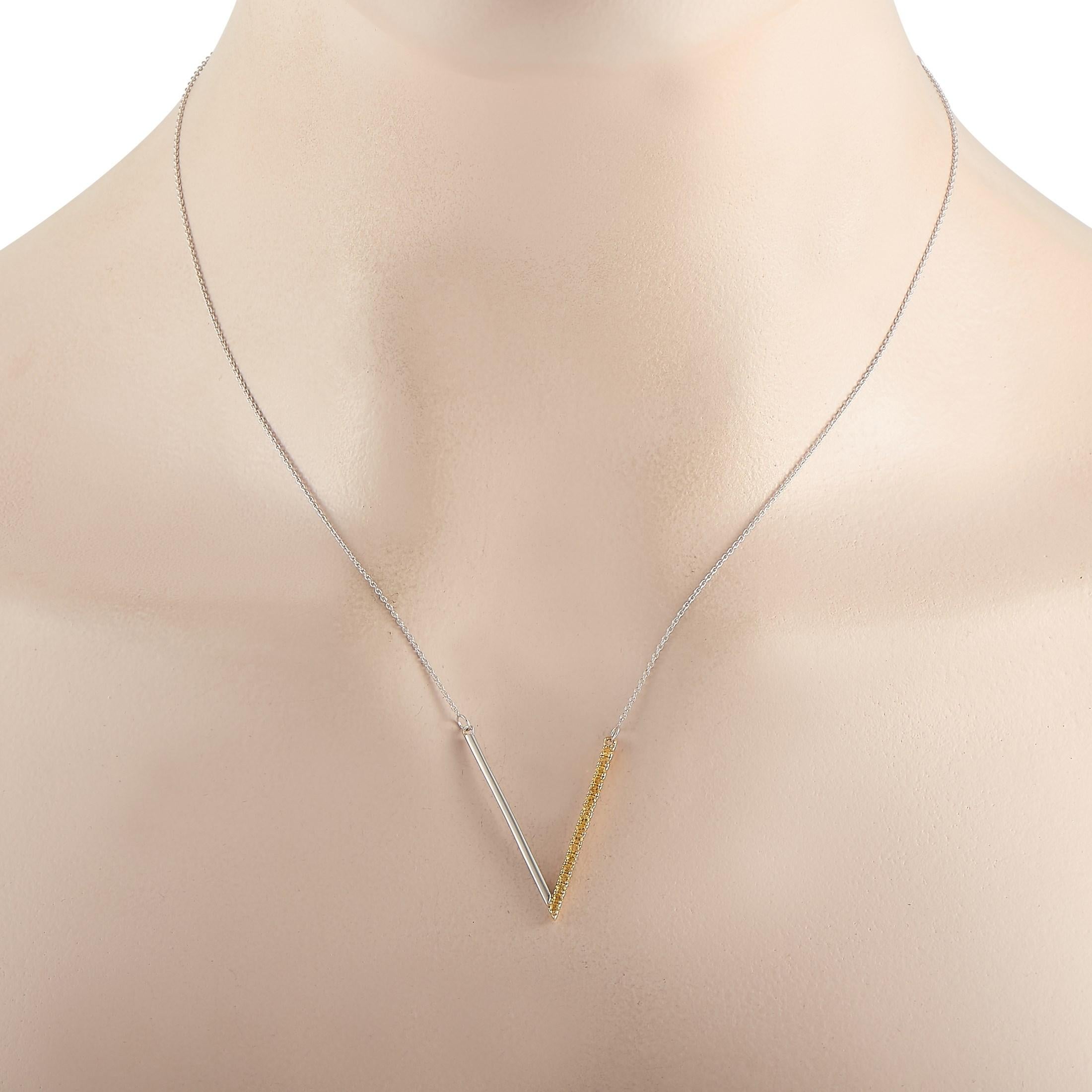This unique LB Exclusive 14K White Gold 0.29 ct Yellow Sapphire V Pendant Necklace is a subtle statement piece that includes a delicate 14K White Gold chain that is 17 inches in length and features a lobster clasp. The necklace includes a matching