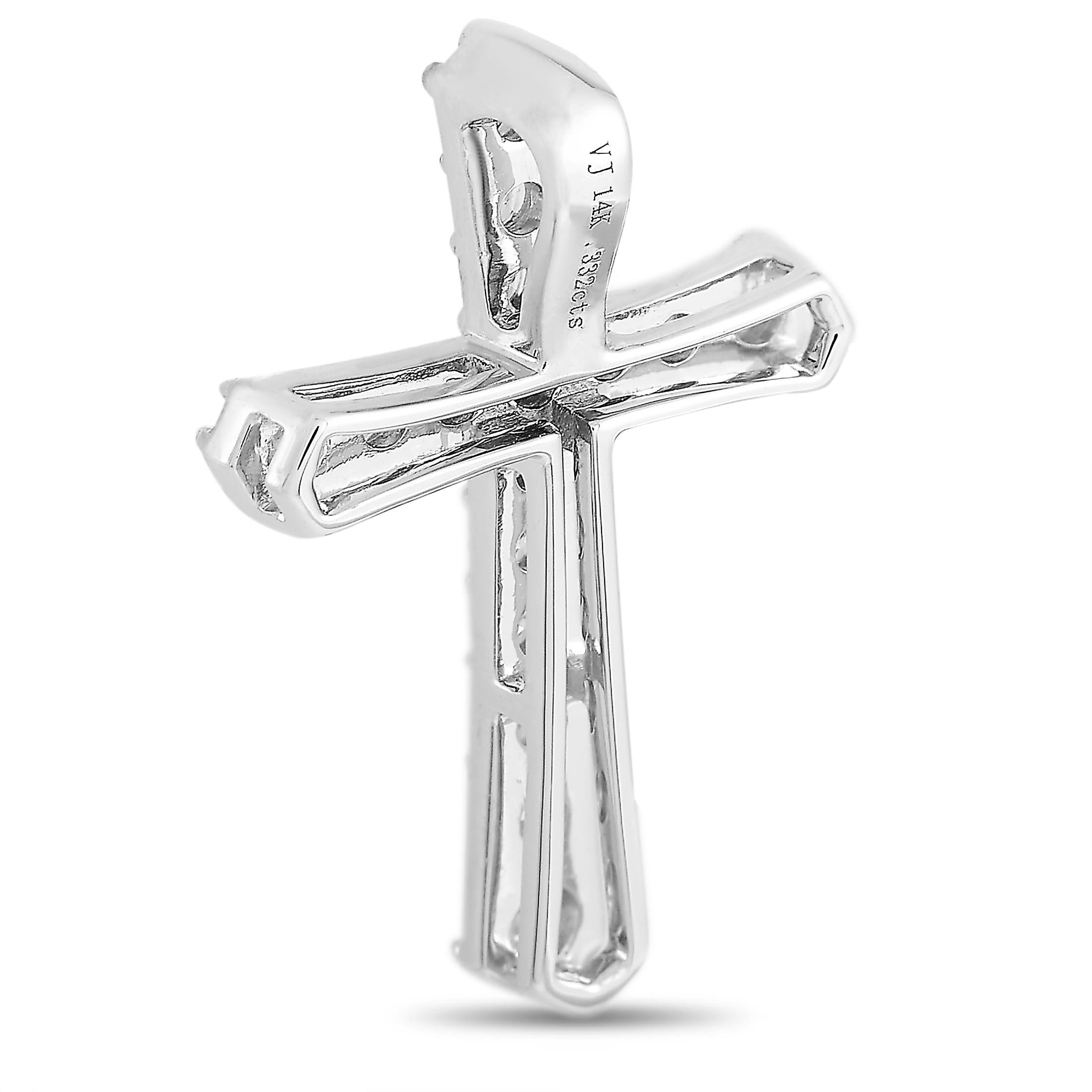 This LB Exclusive cross pendant is crafted from 14K white gold and set with diamonds that total 0.32 carats. The pendant weighs 1.3 grams and measures 0.88” in length and 0.55” in width.
 
 Offered in brand new condition, this item includes a gift