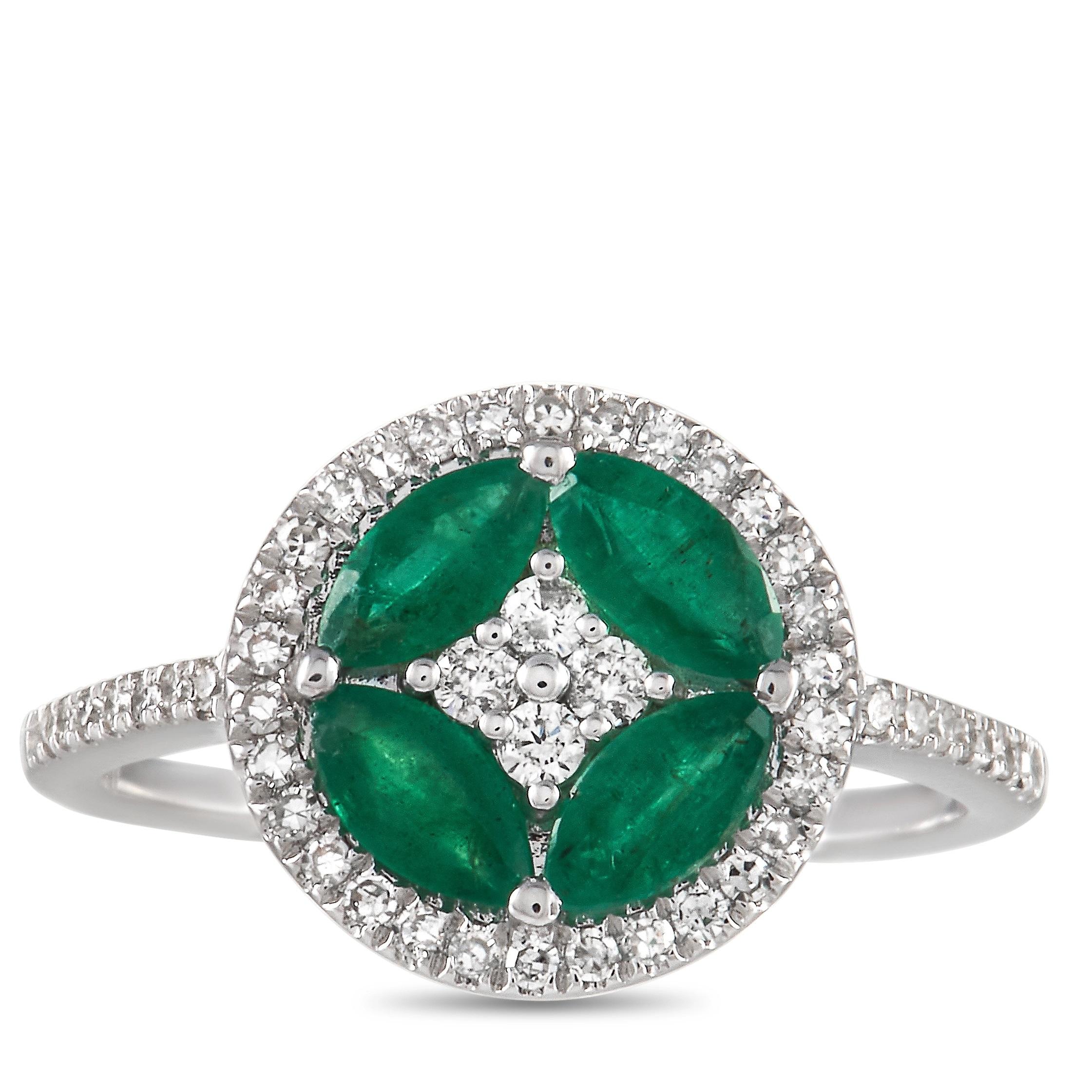 Round Cut LB Exclusive 14K White Gold 0.33 ct Diamond and Emerald Ring