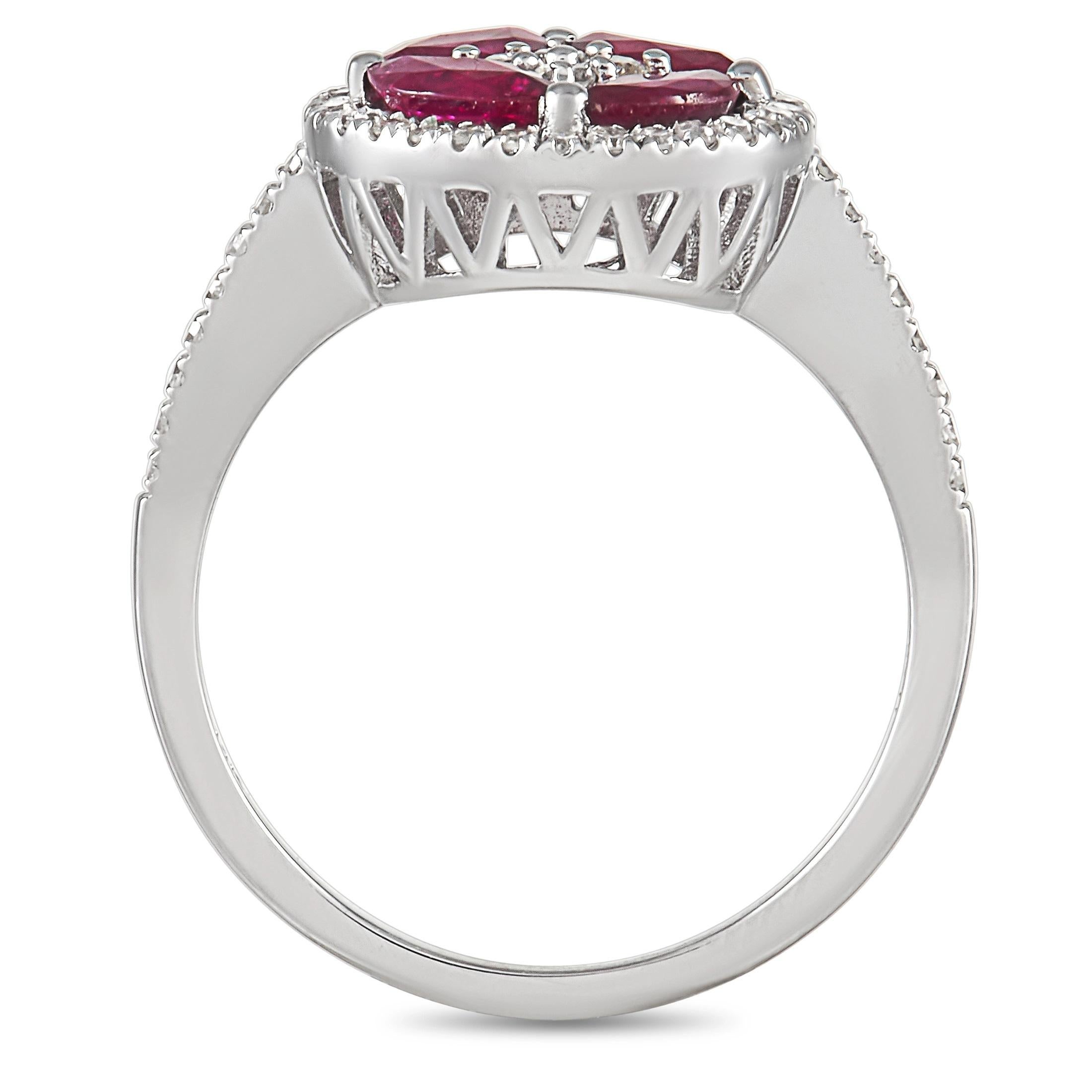 This radiant ring will sparkle and shine along with every move you make. A central cluster of rubies add color and dimension to this exciting style, which also includes diamonds with a total weight of 0.33 carats. It’s crafted from shimmering 14K