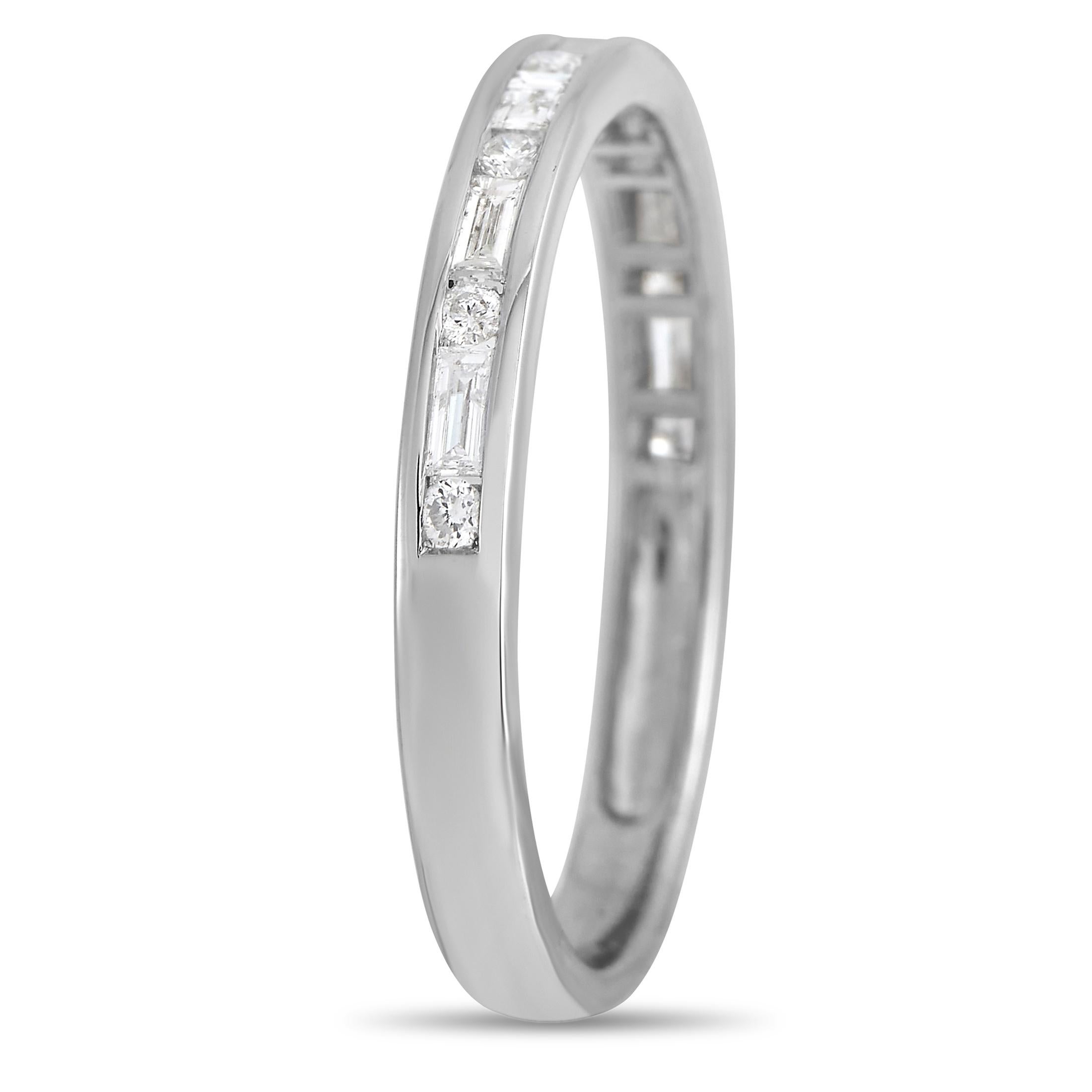 Sleek and simple, this luxurious band ring will never go out of style. Set within an underrated 14K White Gold setting measuring 2mm wide, you’ll find alternating round-cut and baguette diamonds with a total weight of 0.33 carats. 
 
 This jewelry