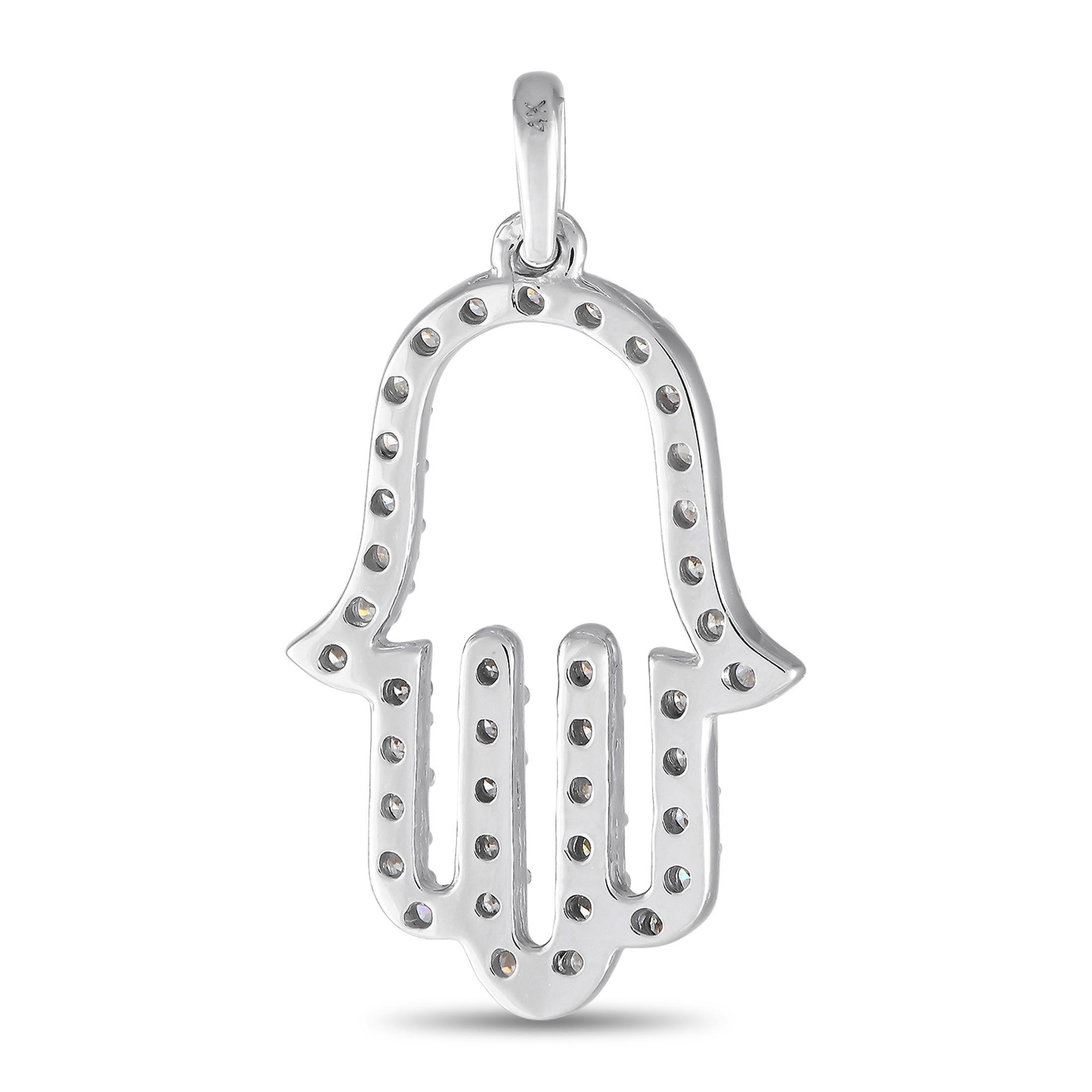 The palm-shaped Hamsa is an ancient Middle Eastern symbol of divine protection. It is said to be the hand of power, bringing its owner good luck, prosperity, and happiness. Include this glittering Hamsa hand pendant in your jewelry collection and