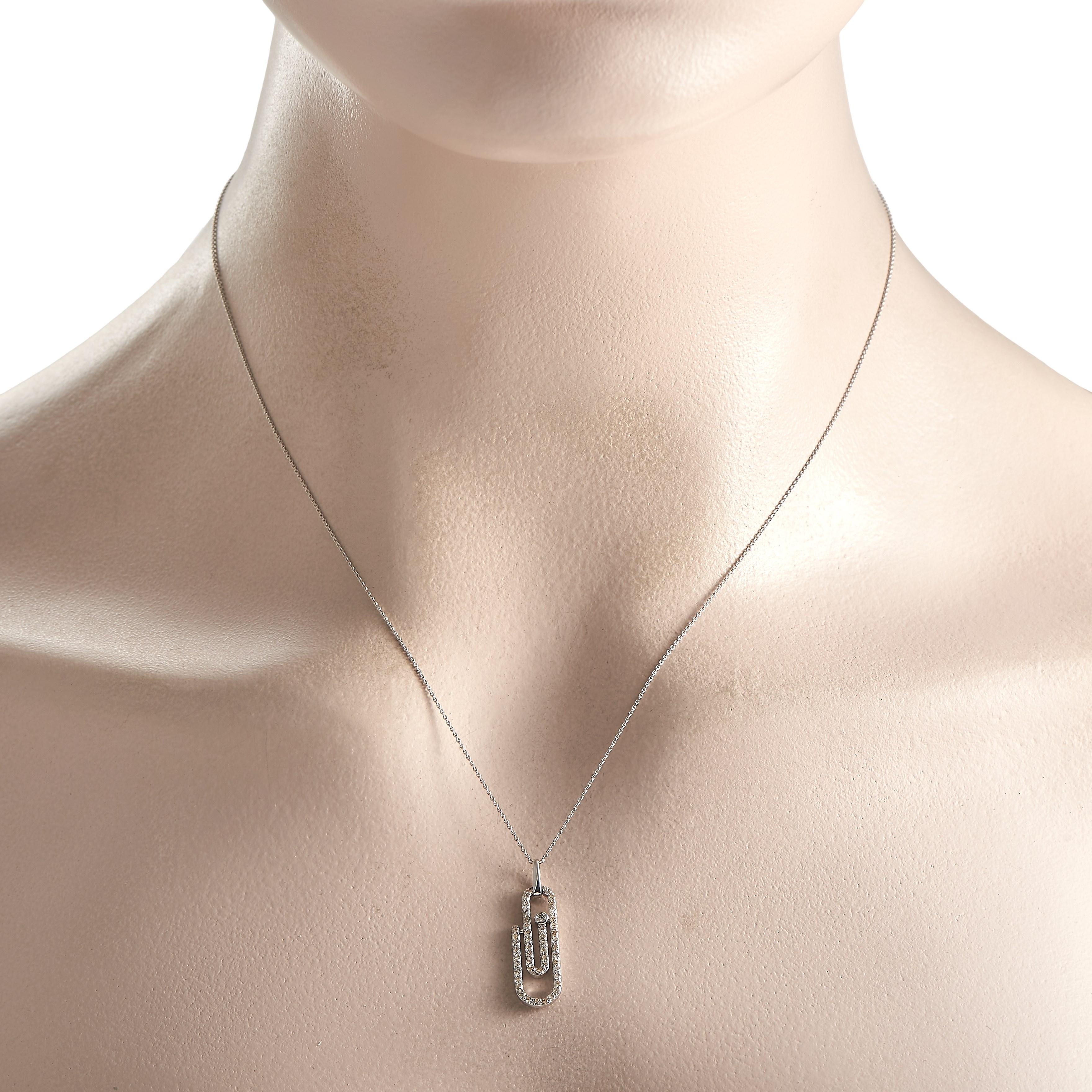 All it takes is modern, cool girl jewelrylike this diamond paperclip necklaceto jazz up your favorite basic ensembles. This white gold necklace features an 18 chain and a 0.75 x 0.37 paperclip-shaped pendant. Petite round diamonds trace the