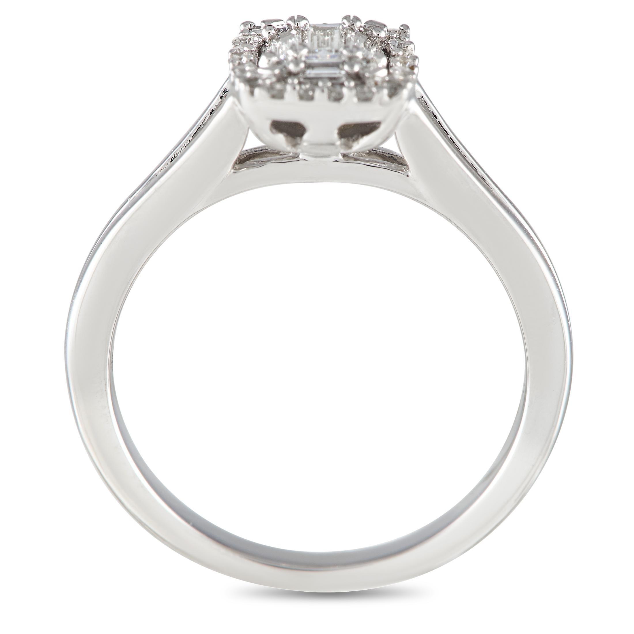 A simple 14K White Gold setting provides the perfect backdrop for 0.33 carats of sparkling diamonds on this elegant ring. Understated and sophisticated in design, this piece features a 2mm wide band and a 6mm top height. 
 
 This jewelry piece is