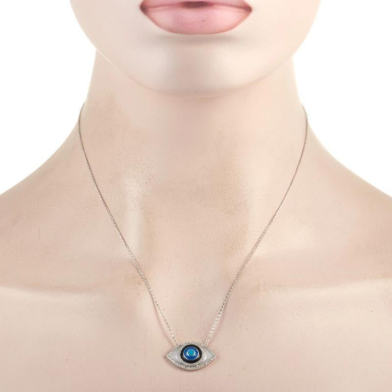 Protect yourself from someone's jealous glare with this LB Exclusive 14K White Gold 0.40 ct Diamond Evil Eye Pendant Necklace. Suspending from a 17-inch long chain necklace is a 1x0.65 inch pendant shaped like an eye. It features a diamond outline