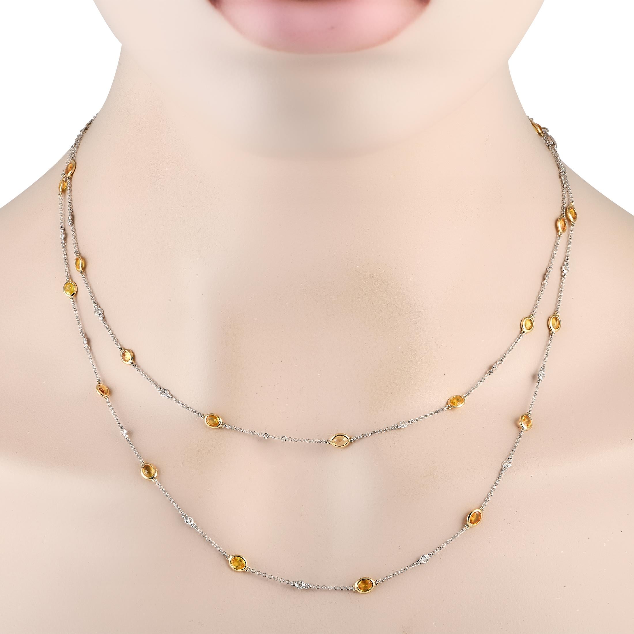 Add a pop of color to any ensemble with this classically elegant necklace. This pieces delicate 36 chain is adorned with 0.49 carats of sparkling diamond accents and striking yellow sapphire gemstones with a total weight of 5.29 carats.This jewelry