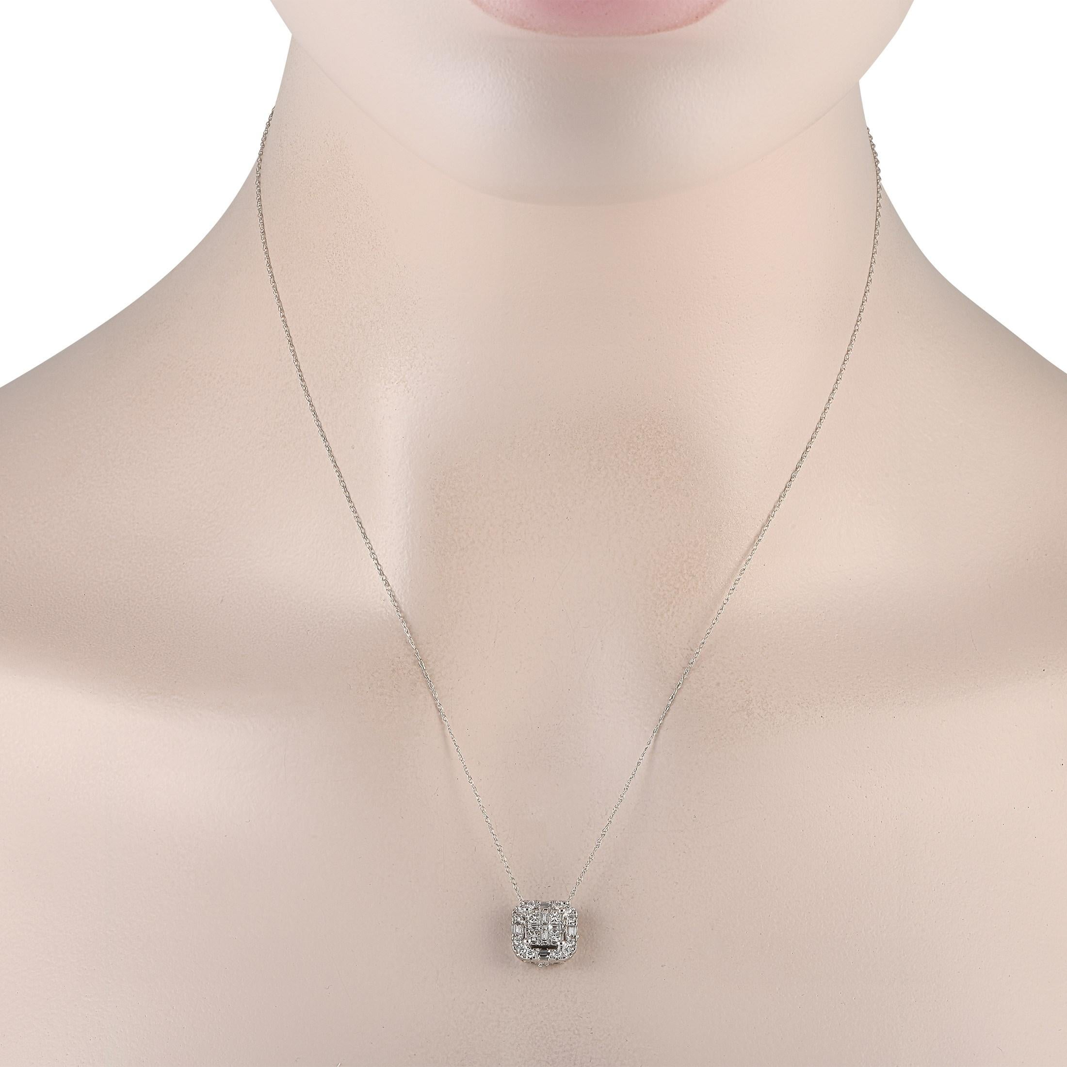 This simple but impactful diamond cluster necklace makes a radiant companion, day or night. It features an 18 chain in 14K white gold holding a 0.45-wide cushion-shaped diamond cluster pendant. Round and step-cut diamonds combine to bring twice as