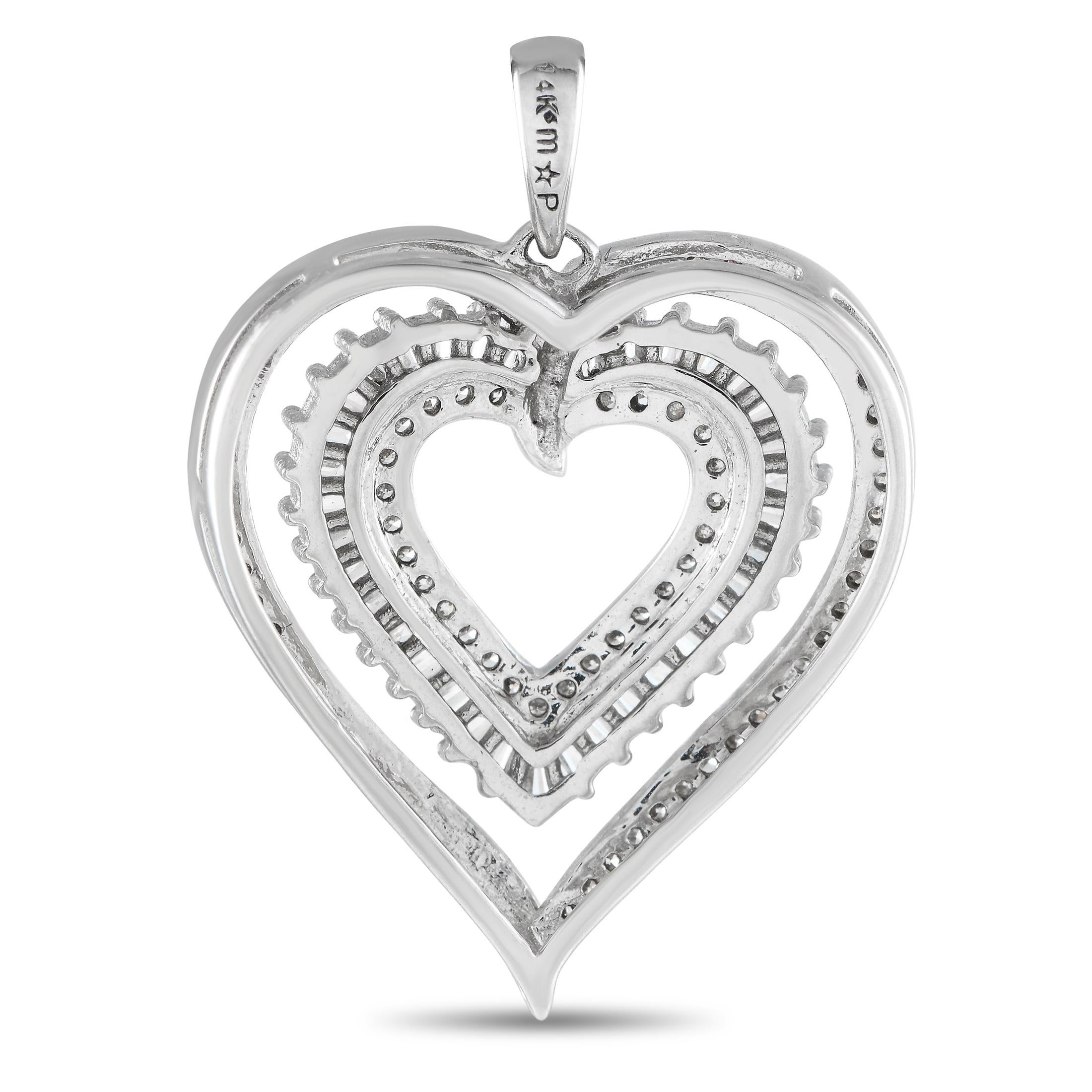 Sweeten your look with sparkle and femininity through this diamond heart pendant. It features a concentric pattern with three heart-shaped outlines. The innermost heart has round diamonds, followed by a heart outline filled with tapered baguette