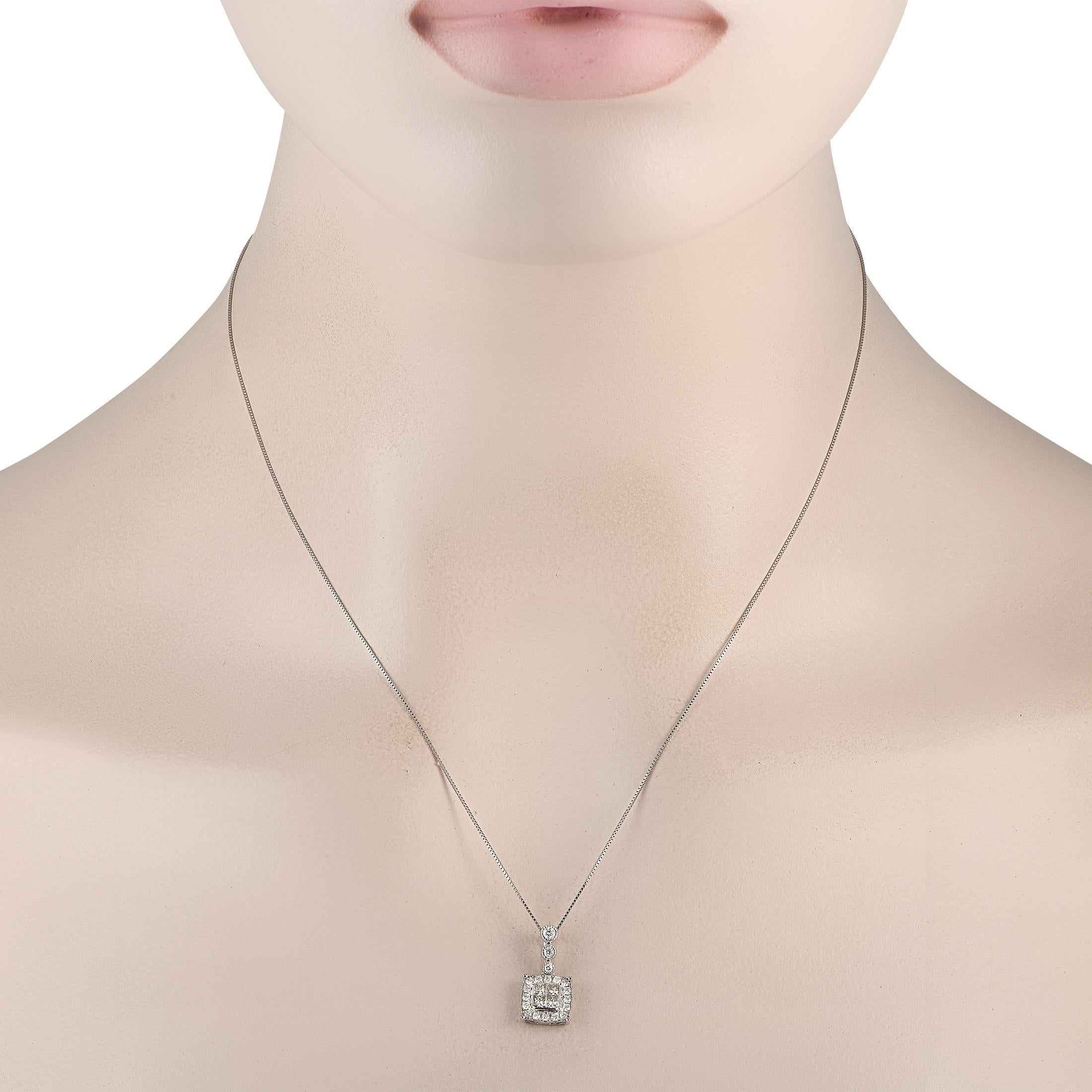 Add this necklace to your daily wardrobe and let it add a subtle sparkle to your look - and your day. The cable chain necklace is fashioned from 14K white gold and has a spring ring clasp. It holds a square-shaped diamond cluster pendant held by a