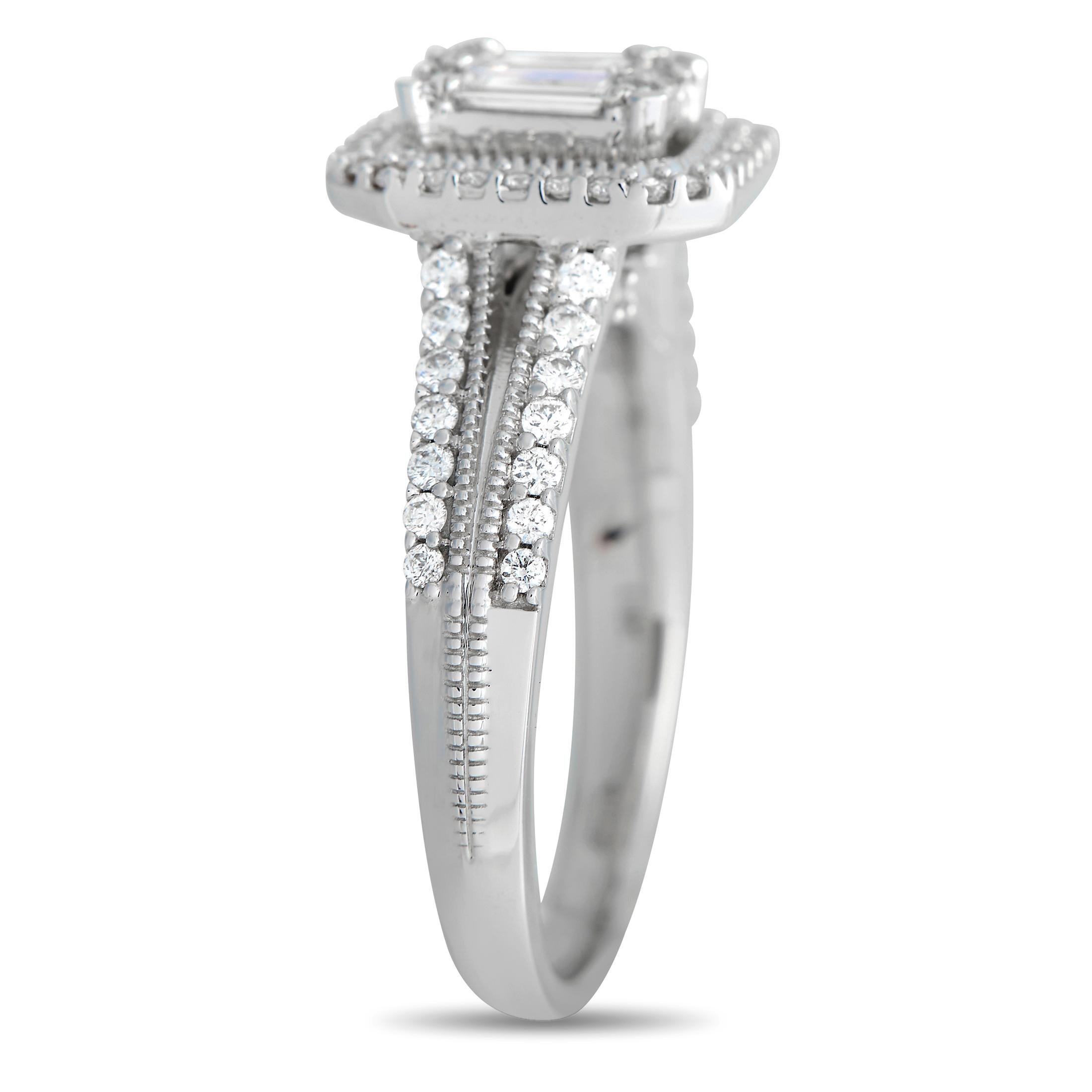This exceptional 14K White Gold ring will continually command attention. The sophisticated setting comes to life thanks to inset diamonds that together possess a total weight of 0.60 carats. It features a 3mm wide band and a 8mm top height, meaning