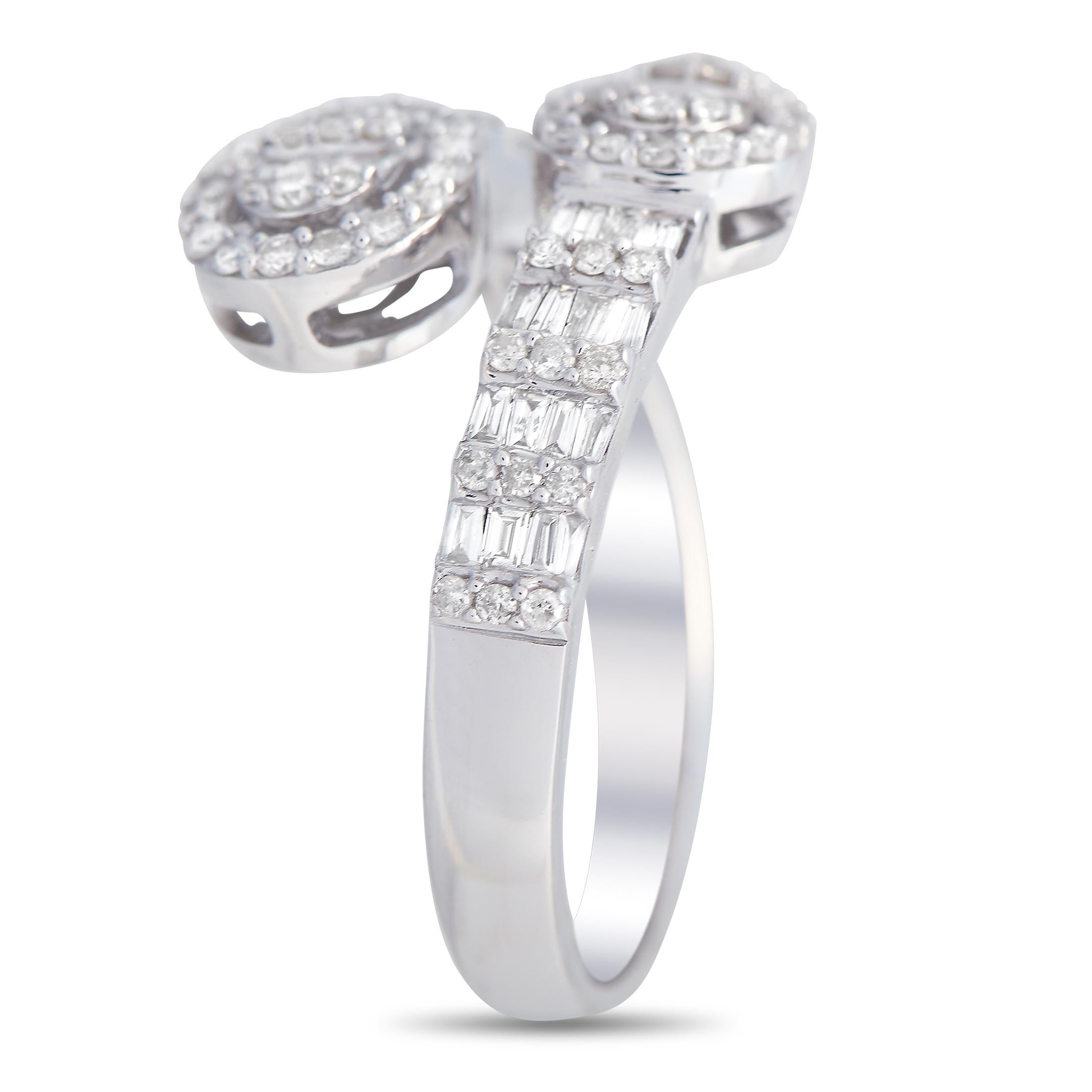 Let the sparkle and graceful curve of this ring polish your looks with feminine flair. The band features an open-bypass style, with shoulders decorated with alternating trios of baguette and round diamonds. One end of the shank has a pear-shaped