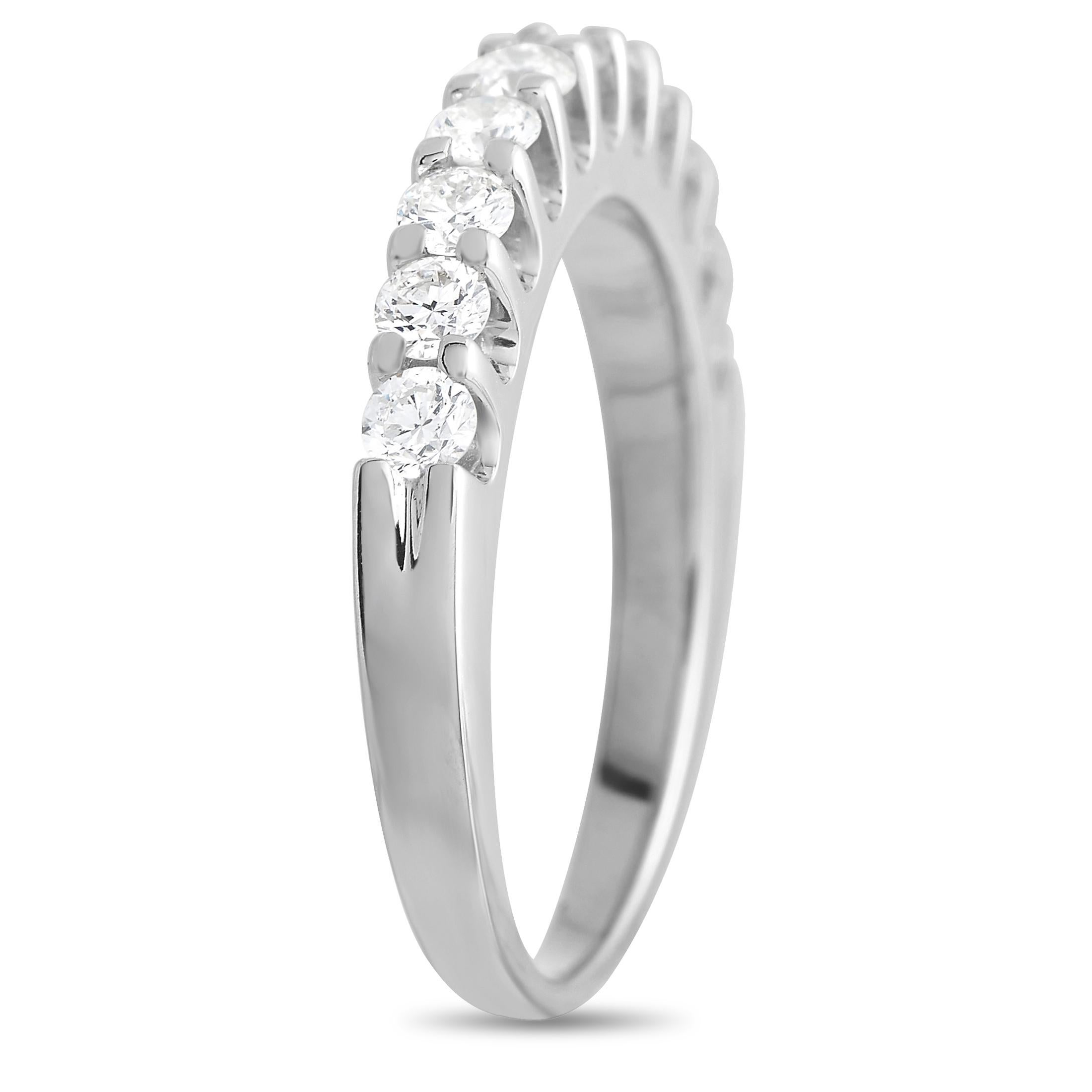 Simple and stylish, this minimalist band ring is sure to impress. Set within 14K White Gold, you’ll find a series of sparkling diamonds with a total weight of 0.68 carats. It doesn’t matter if its worn alone or with other pieces, this 3mm band ring