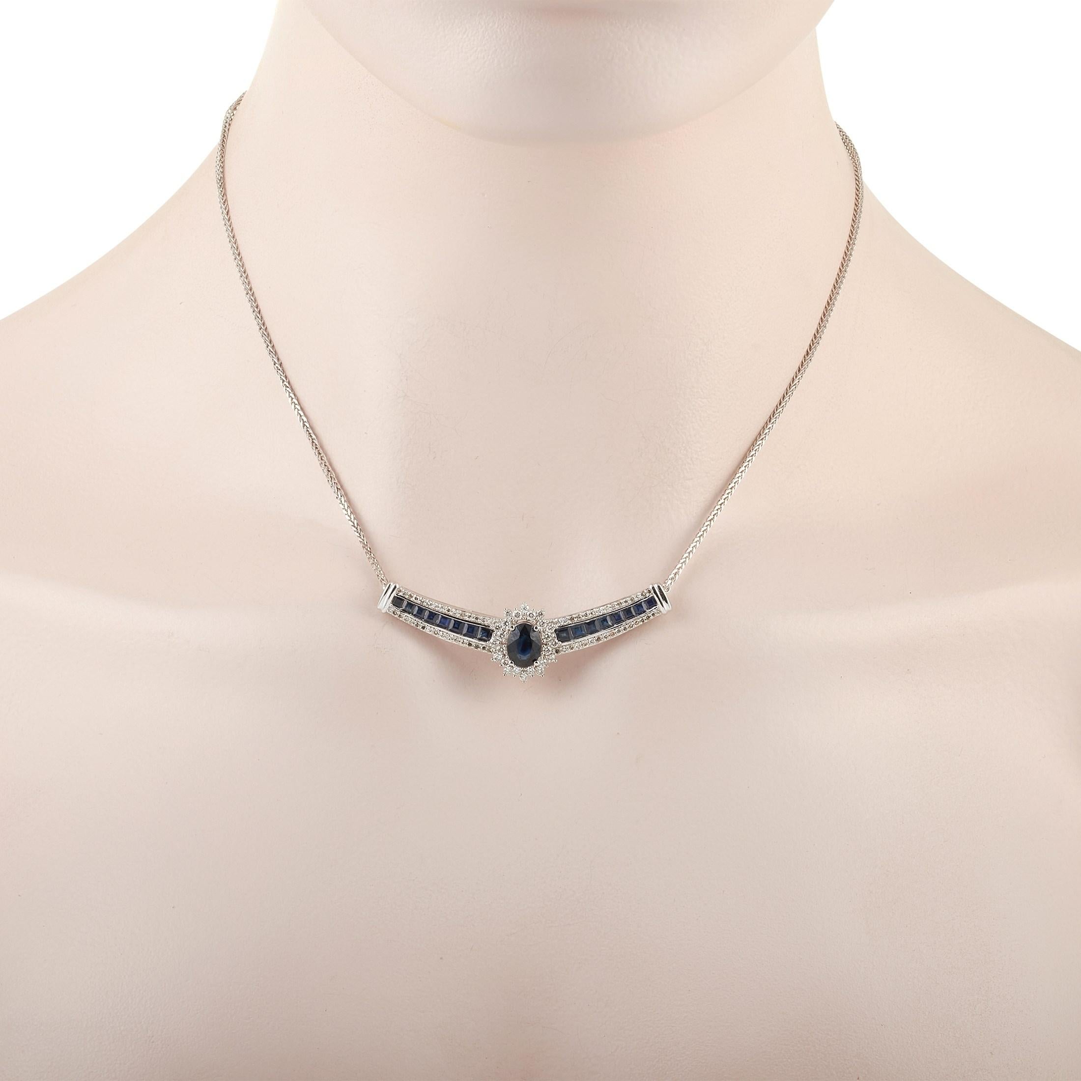 This LB Exclusive 14K White Gold 0.75 ct Diamond and 3 ct Sapphire Necklace features a delicate 14K White Gold chain measuring 15 inches in length. The necklace features a matching 14K White Gold Bar style Pendant set with 0.75 carats of round-cut