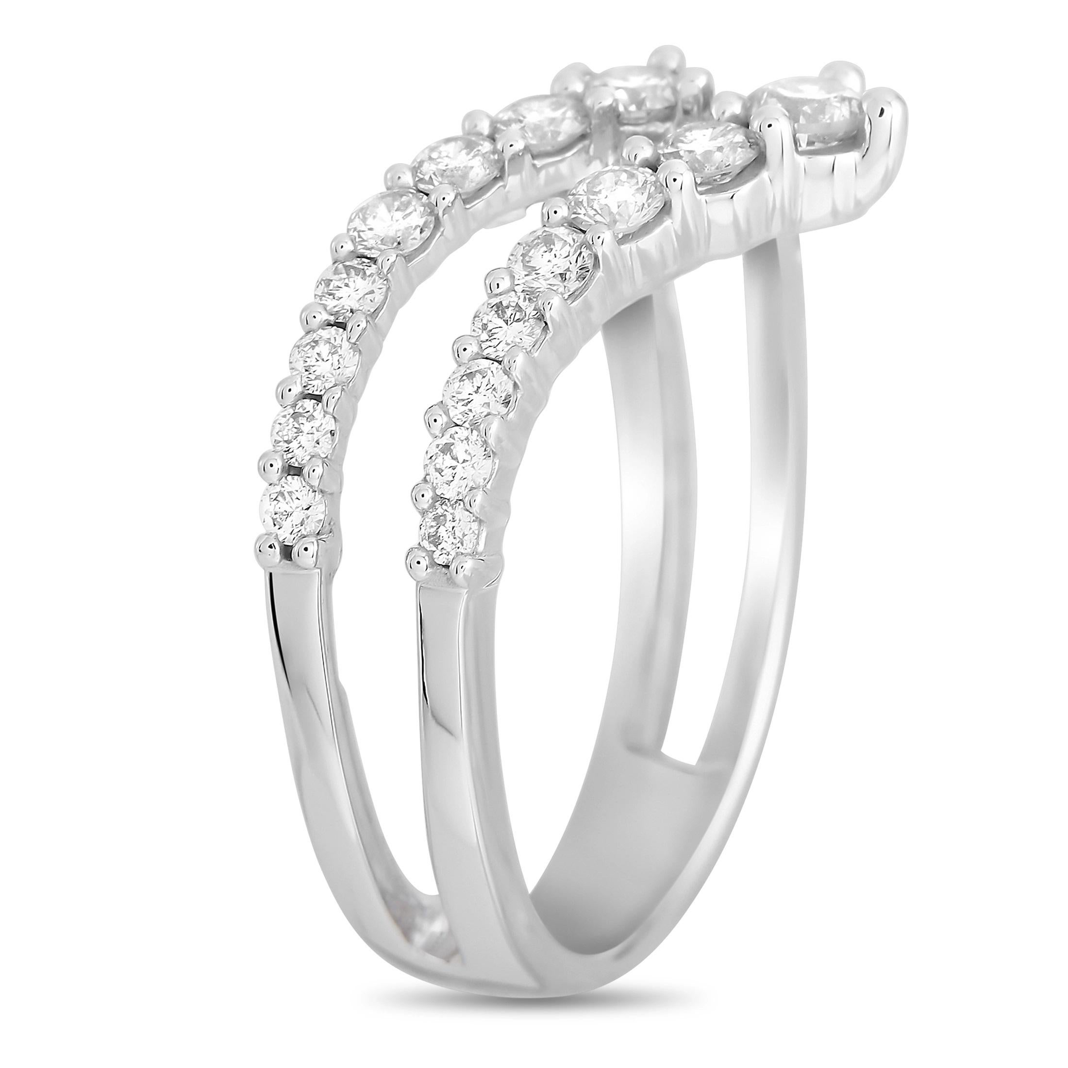 Crown your princess' finger with this glittering tiara-like ring. This sculpted bling features a slender double v-shaped band lined with glittering diamonds. The LB Exclusive 14K White Gold 0.75 ct Diamond Tiara Ring has a 3mm top height and an 11mm