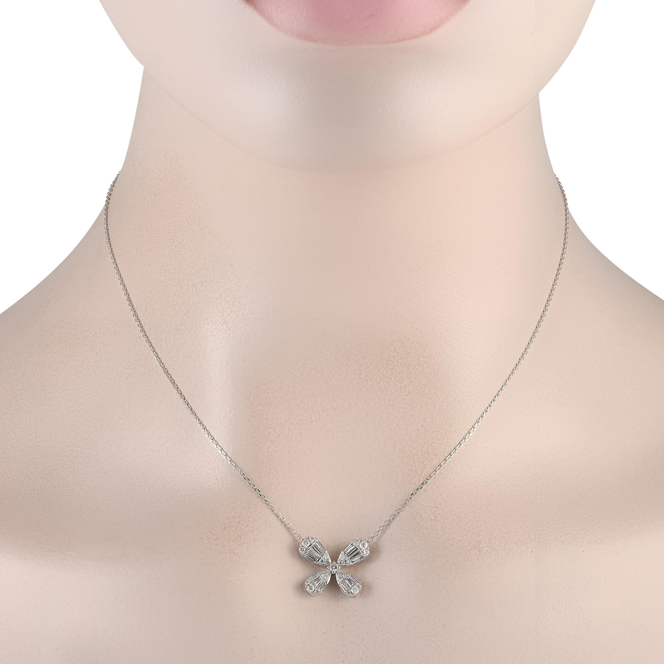 Delicate and feminine, this diamond necklace has an easy-going vibe that can instantly freshen up any look. It features a 16 chain in 14K white gold holding a flower-inspired pendant with four pear-shaped petals. A combination of round and tapered