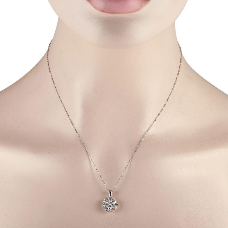 This necklace has an elegant design that will simply never go out of style. On this piece’s 14K White Gold pendant – which measures 0.75” long and 0.50” wide – diamonds with a total weight of 0.75 carats effortlessly catch the light. This piece
