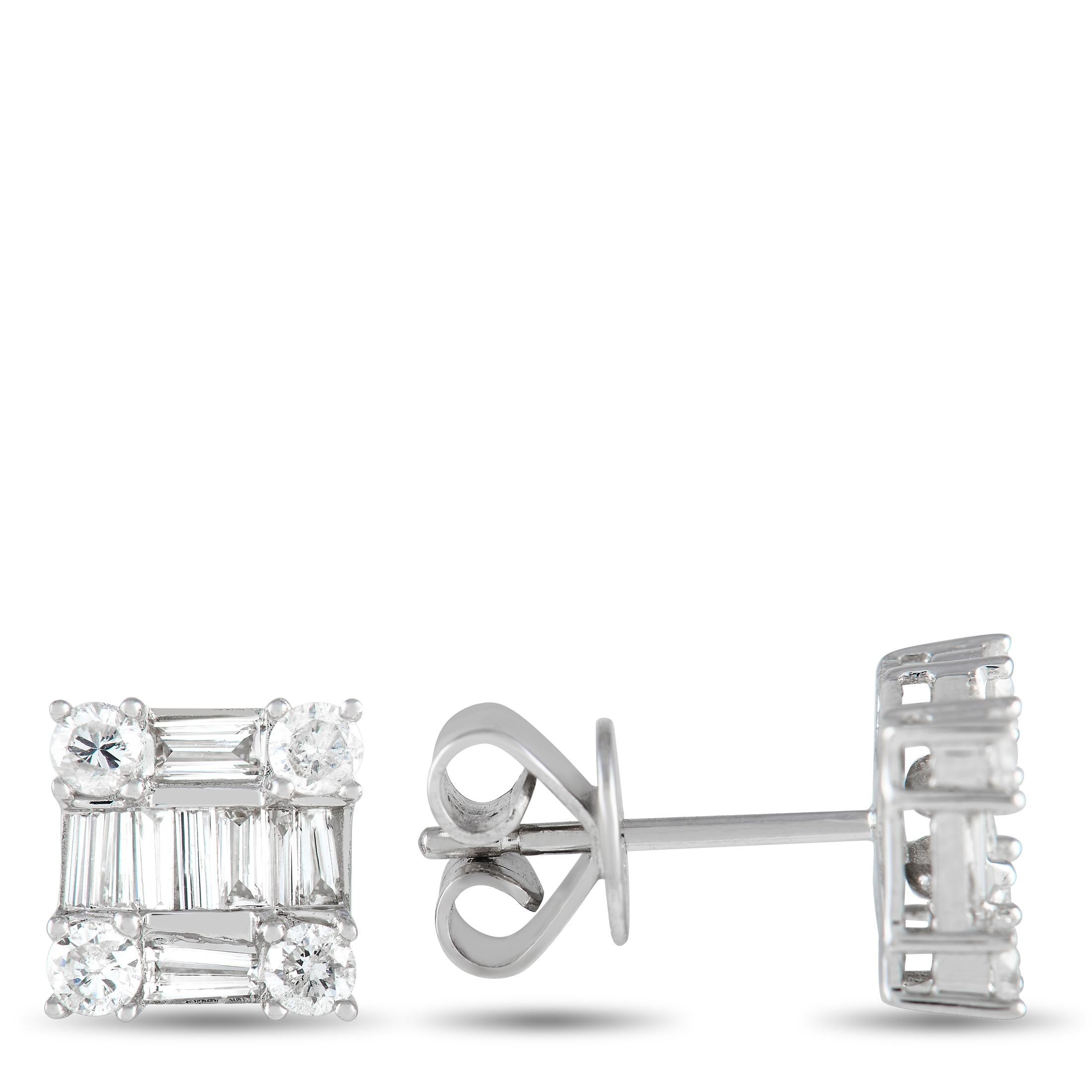 Lightweight, elegant, and versatile - these diamond studs are a worthy staple. Each earring measures 0.25 inches and features a square frame in 14K white gold. Covering the studs are baguette diamonds and round diamonds arranged in a symmetrical