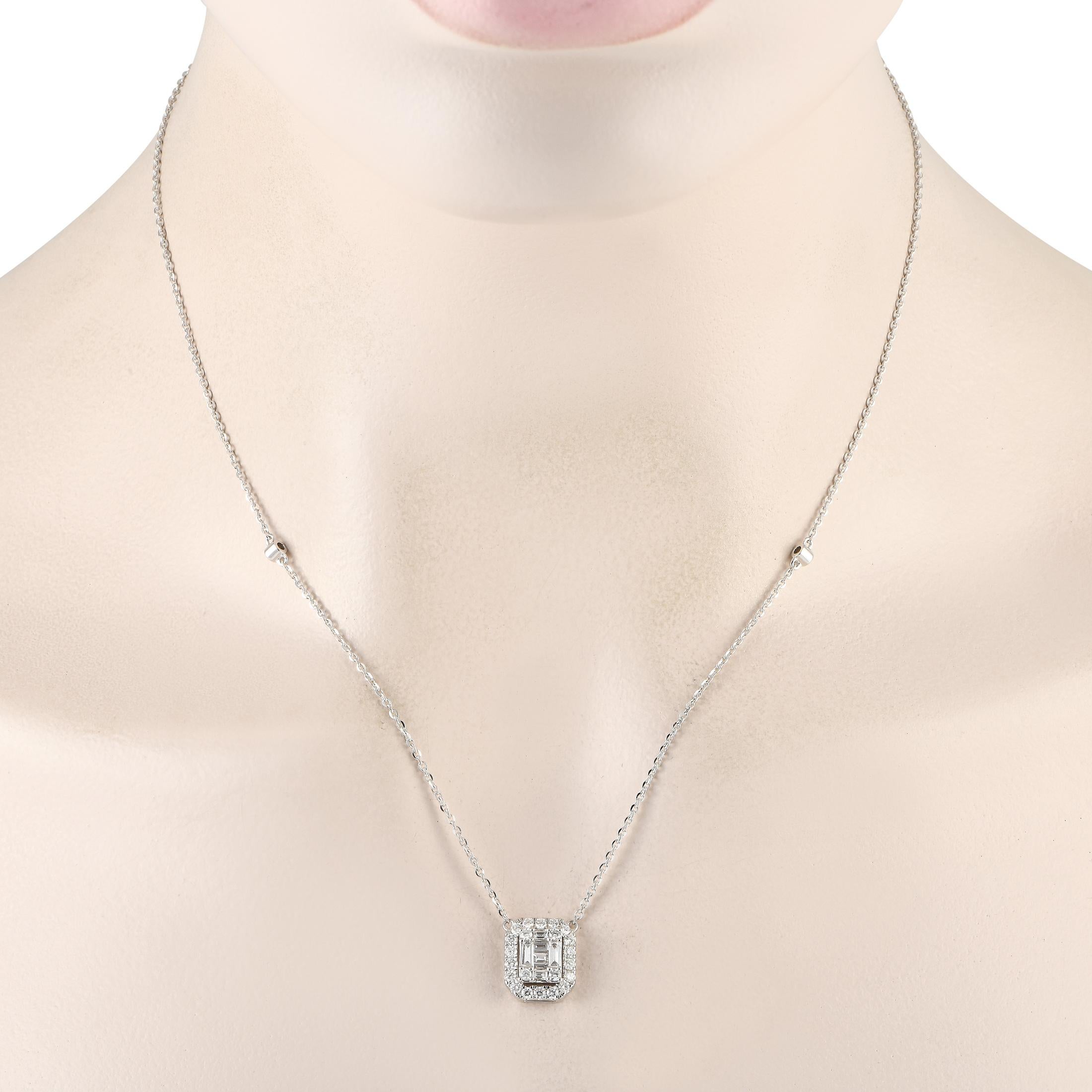 The glittering accessory to wear when your simple outfit needs an extra dose of style. This necklace is crafted in 14K white gold, with an 18-inch-long chain fastened by a lobster clasp. The 0.5 x 0.45 quadrilateral pendant features a cushion-shaped