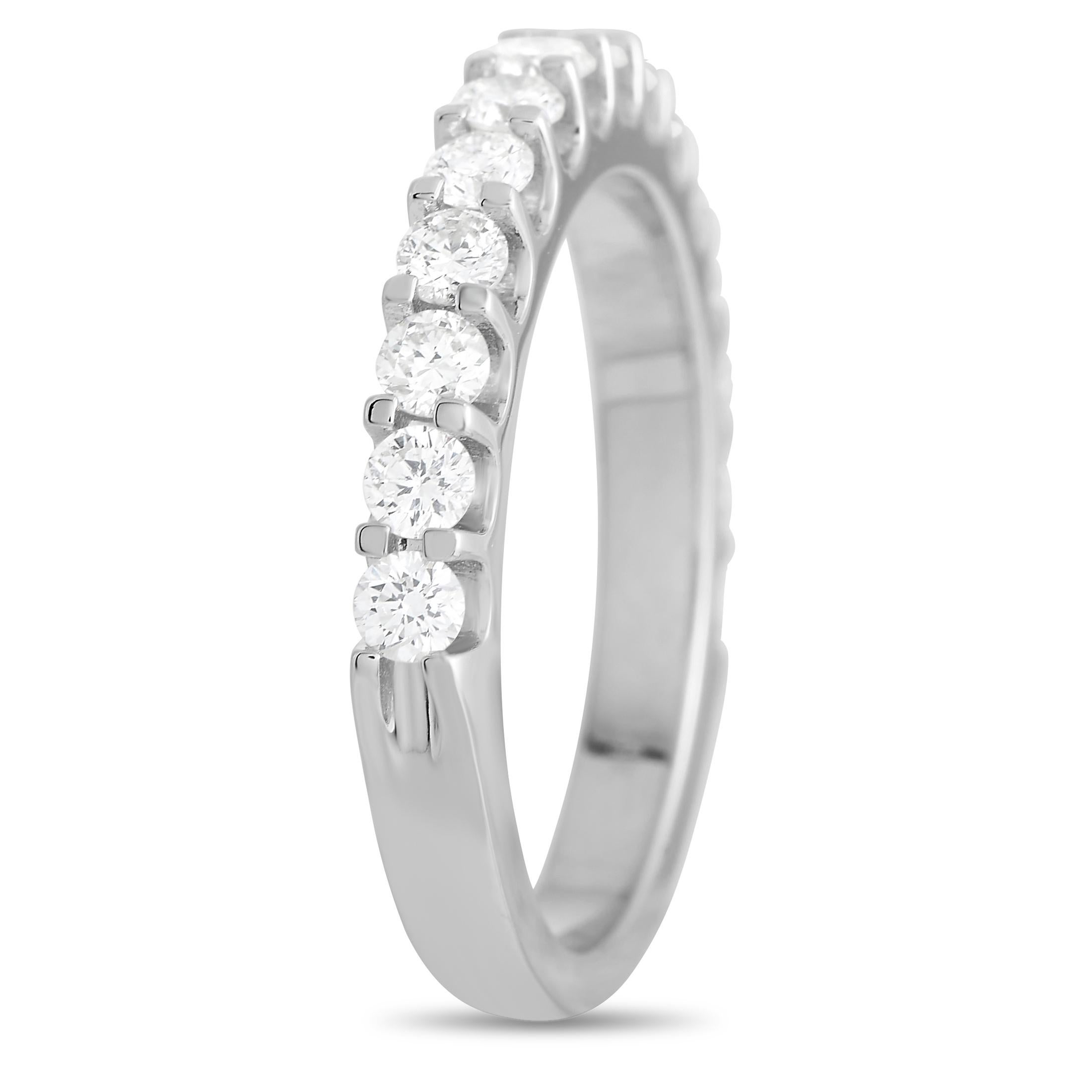 This 3mm band ring is both simple and statement-making. Round-cut diamonds with a total carat weight of 0.95 carats sparkle from their place within a 14K White Gold setting. It’s a minimalist piece with plenty of personality. 
 
 This jewelry piece