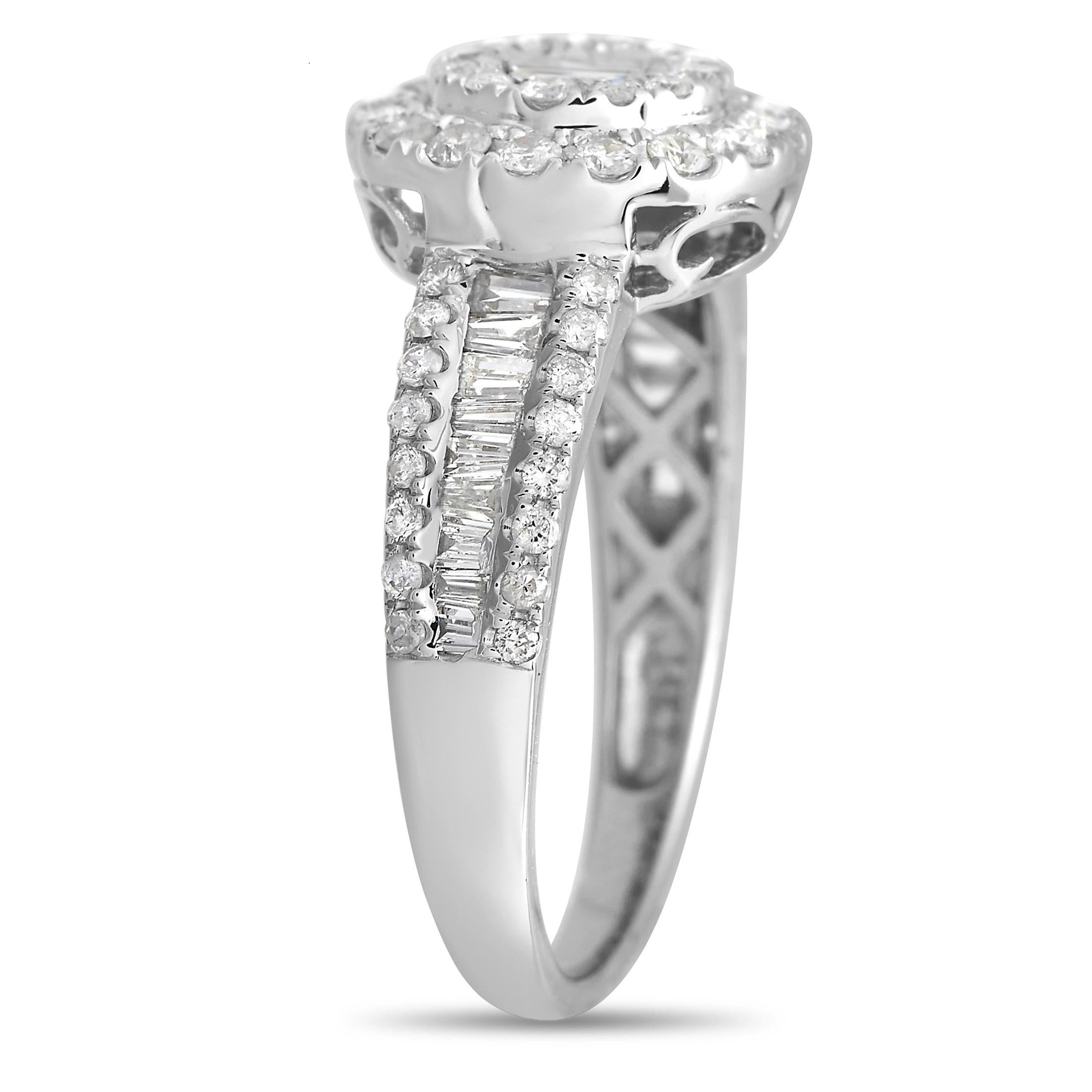 This luxurious ring is chic and elegant in design. Covered in diamonds totaling 1.00 carats, its 14K White Gold setting features a 3mm wide band and a 4mm top height. 
 
 This jewelry piece is offered in brand new condition and includes a gift box.