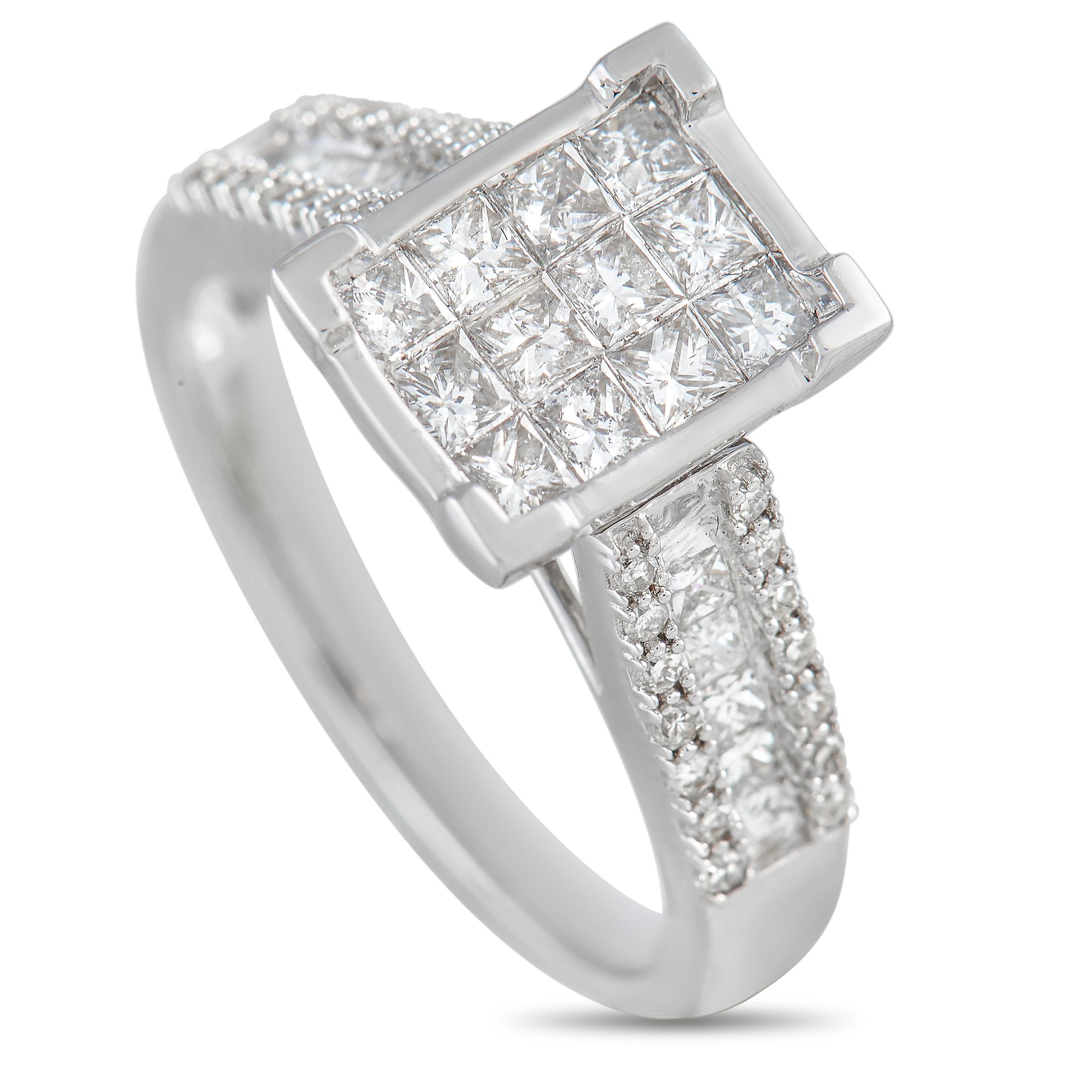 This 14K White Gold ring exudes a timeless sense of sophistication. At the center of the diamond-accented band, you’ll find a square setting that displays twelve additional square-cut diamonds. Together, the sparkling stones possess a total weight