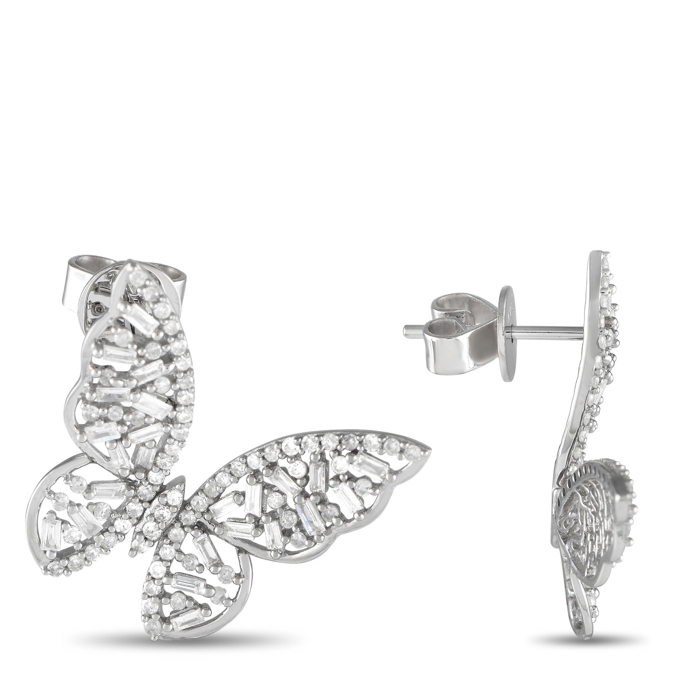 Add a touch of charm to any ensemble with these luxurious butterfly-shaped earrings. Each one is crafted from 14K white gold and measures 0.75 round  together, they come to life thanks to sparkling diamonds with a total weight of 1.0 carats.This