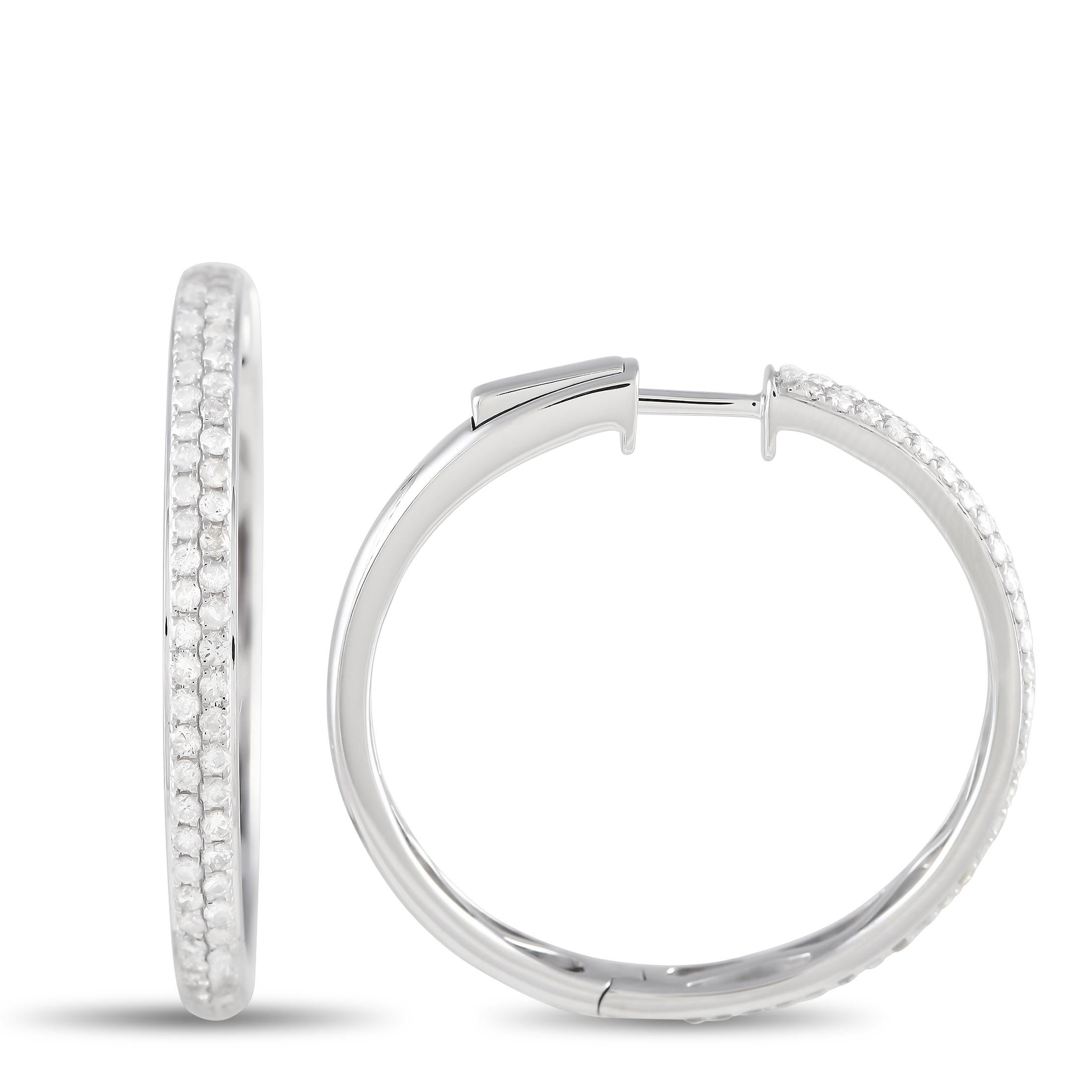 Incredibly stylish, these gorgeous hoop earrings are made of elegant 14K white gold and boast nifty refined appeal with a distinct luxurious feel to it added by the resplendent diamond stones that weigh 1.00 carat in total.