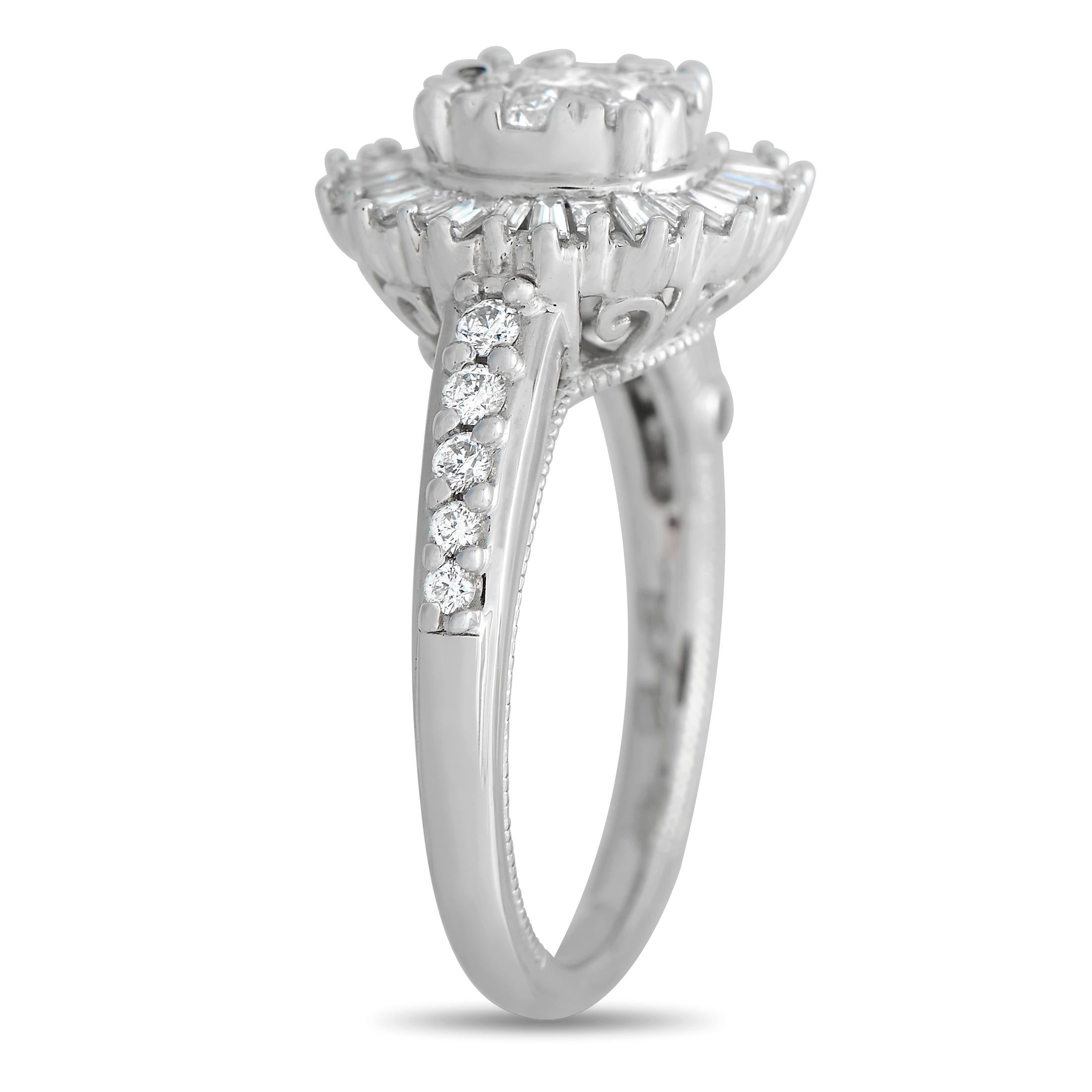 This exceptional 14K White Gold ring will continually command attention. The sophisticated setting comes to life thanks to inset diamonds that together possess a total weight of 1.0 carats. It features a 2mm wide band and a 8mm top height, meaning