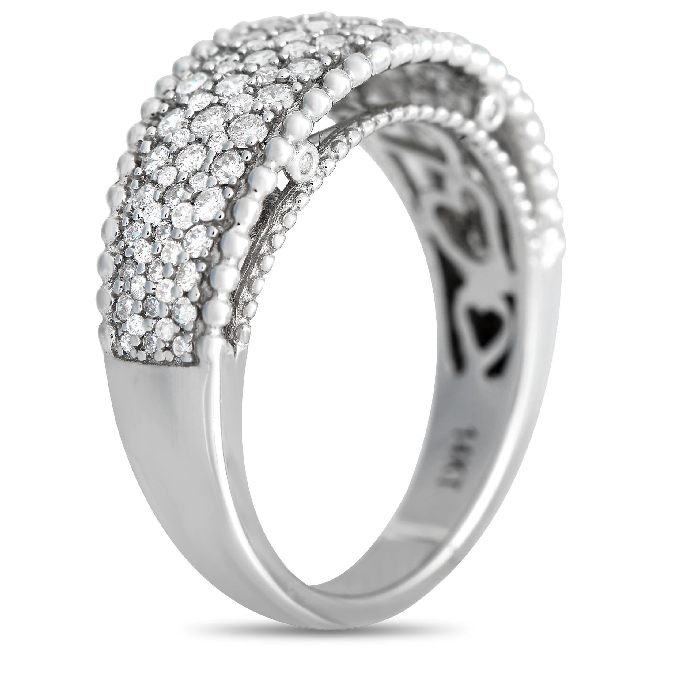 A 14K white gold setting with delicate millegrain accents at the edges provides the perfect foundation for this ring’s sparkling inset diamonds, which together total 1.0 carats. Elegant and ideal for everyday wear, this piece features a 4mm wide