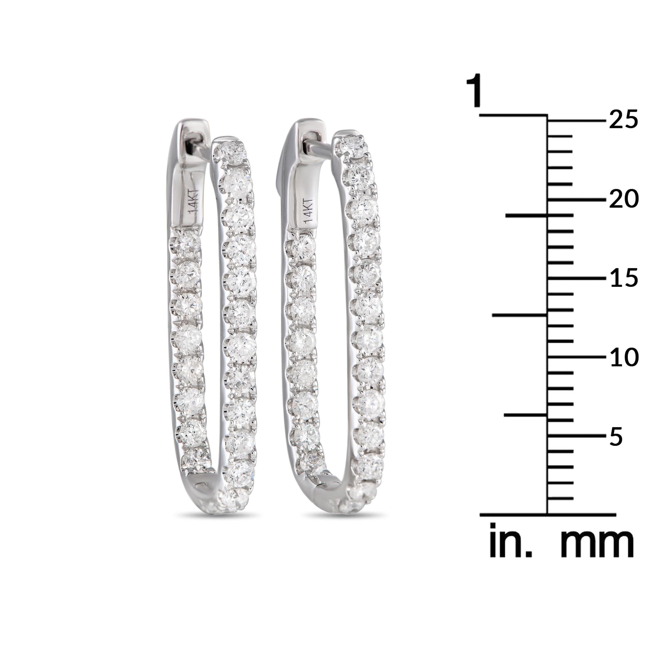 Round Cut LB Exclusive 14K White Gold 1.10ct Diamond Rectangular Hoop Earrings For Sale