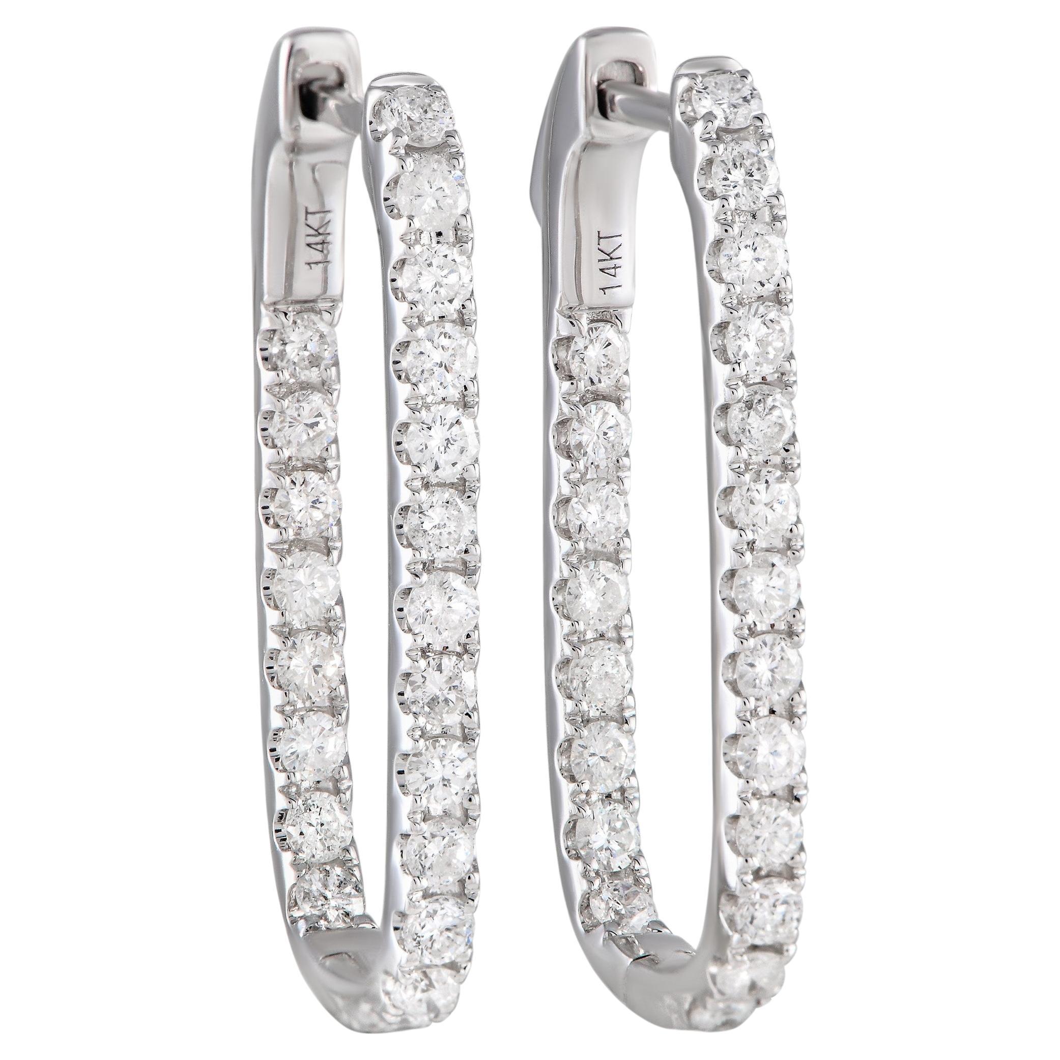 LB Exclusive 14K White Gold 1.10ct Diamond Rectangular Hoop Earrings For Sale