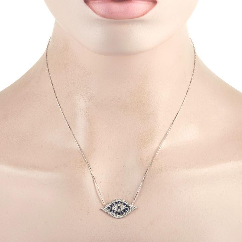 This LB Exclusive 14K White Gold 1.2 ct Diamond Evil Eye Necklace is sure to wow! The necklace features a chain, highlighting a unique matching 14K white gold evil eye pendant. The pendant is set with rows of round-cut diamonds totaling 1.2 carats